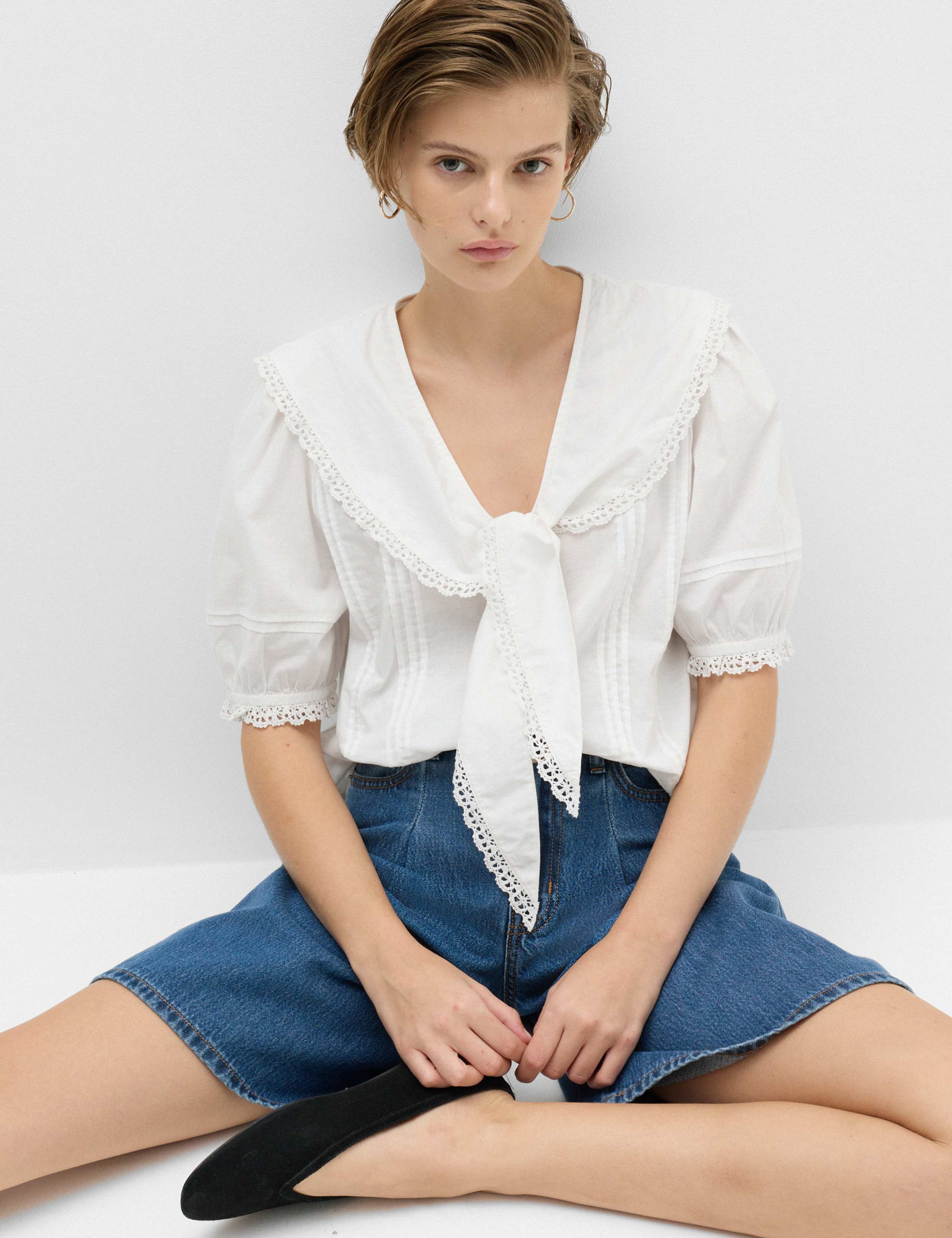 Pure Cotton Broderie Sailor Collar Tie Detail Blouse