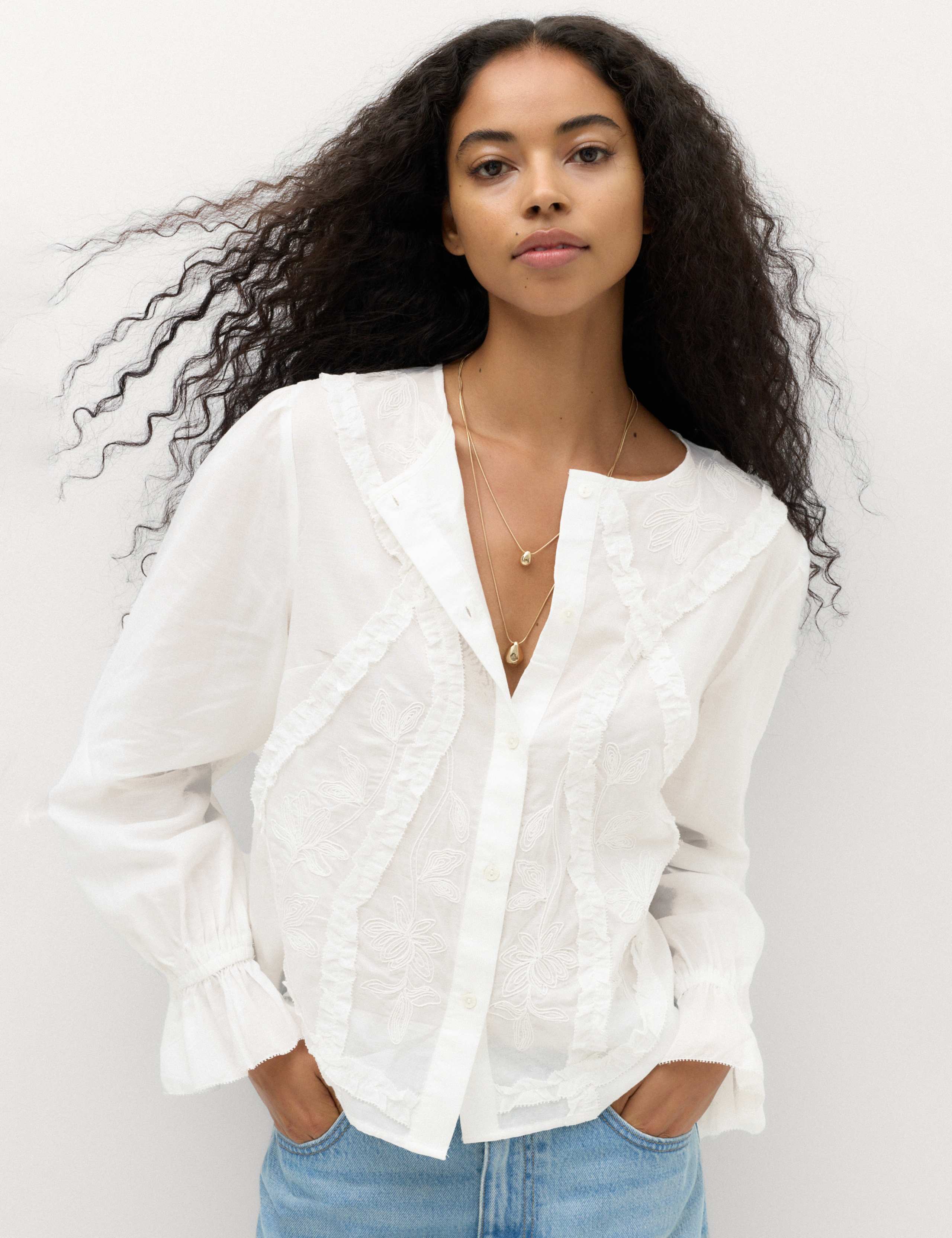 Cotton Rich Embroidered Ruffle Detail Top
