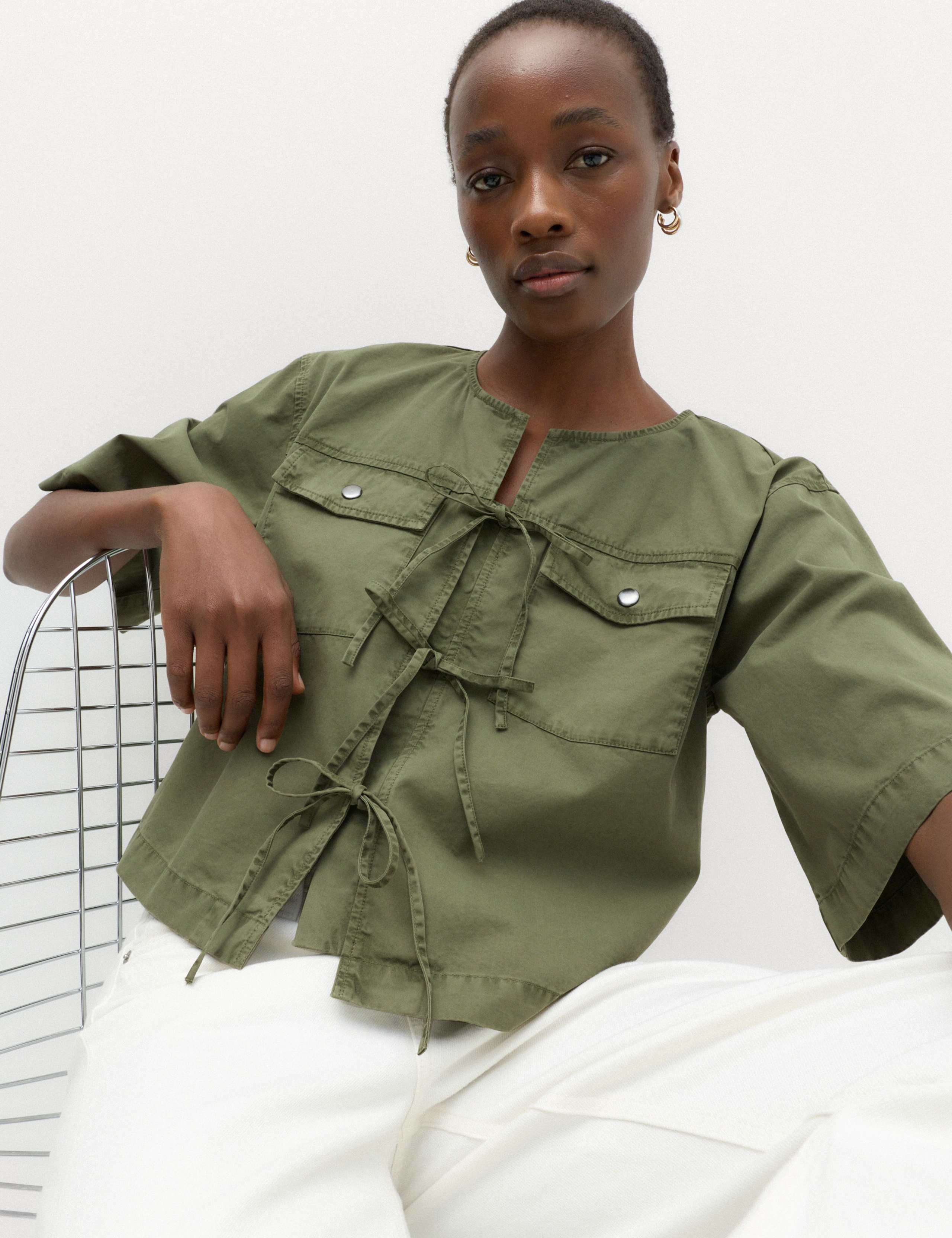 Pure Cotton Utility Tie Front Cropped Blouse