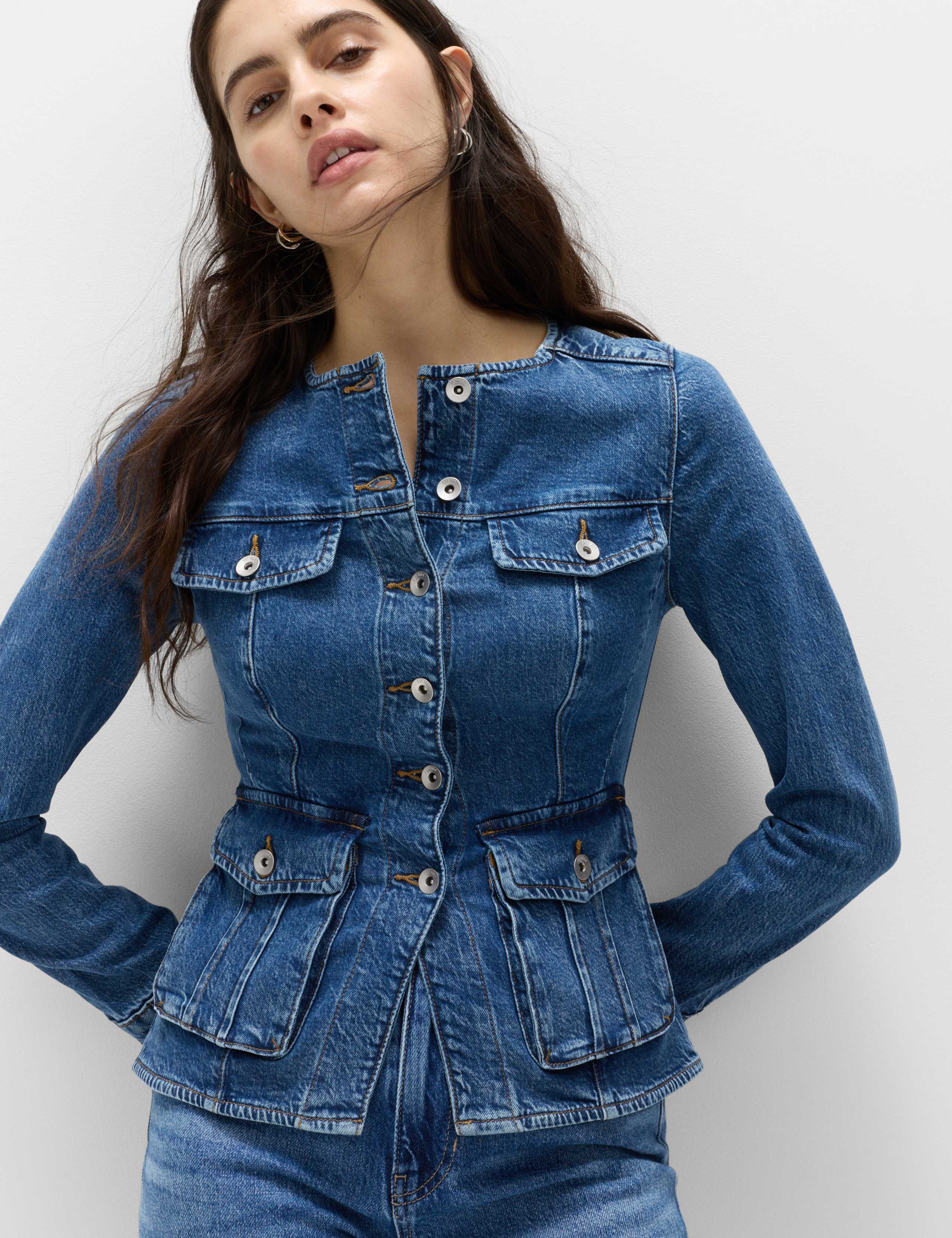 Denim Collarless Fitted Utility Jacket