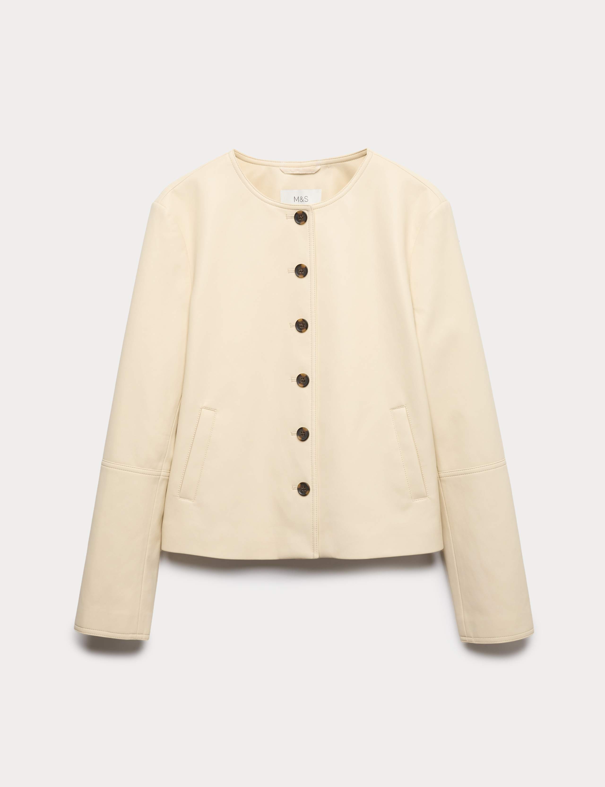 Faux Leather Collarless Jacket