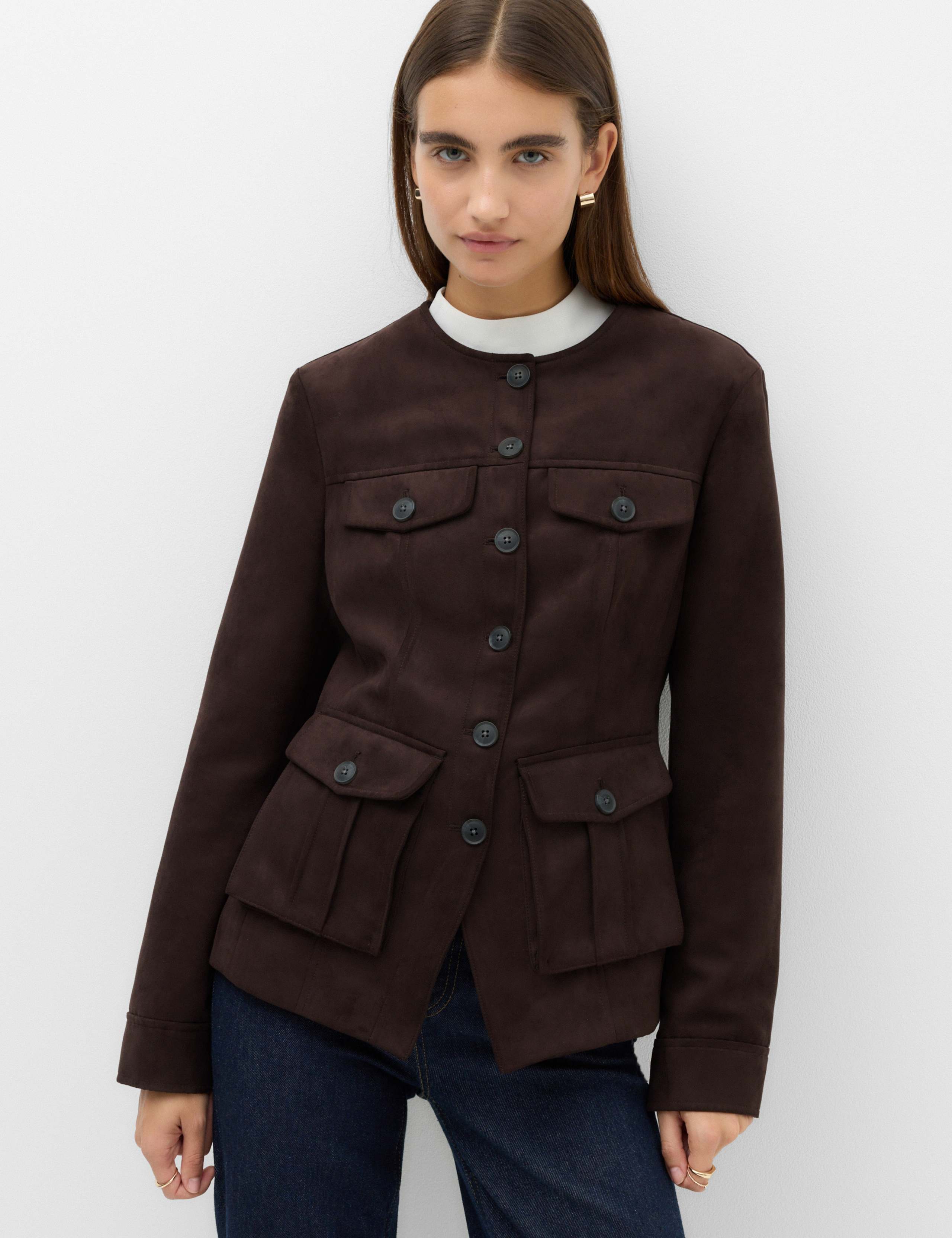 Suedette Colarless Utility Jacket