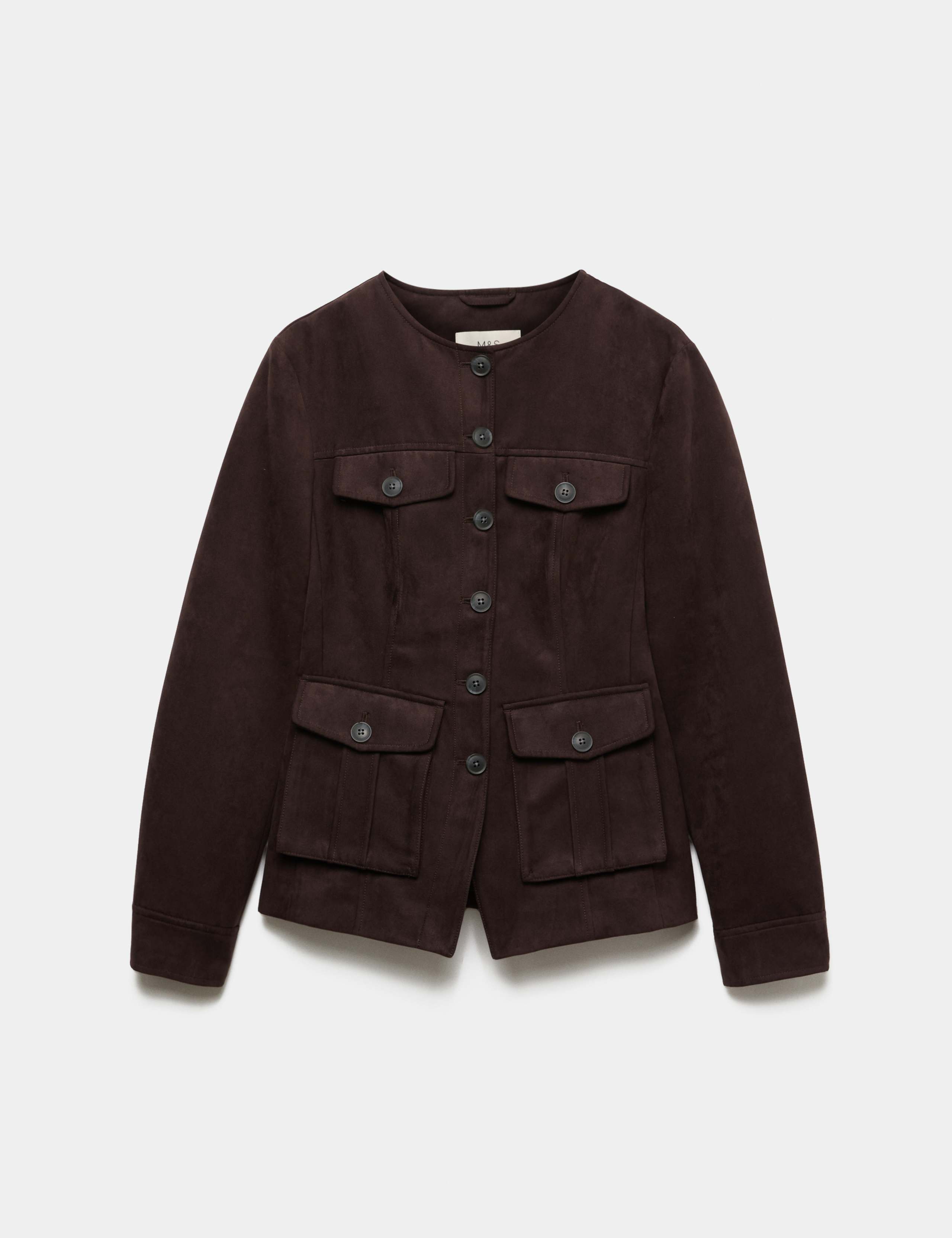 Suedette Colarless Utility Jacket