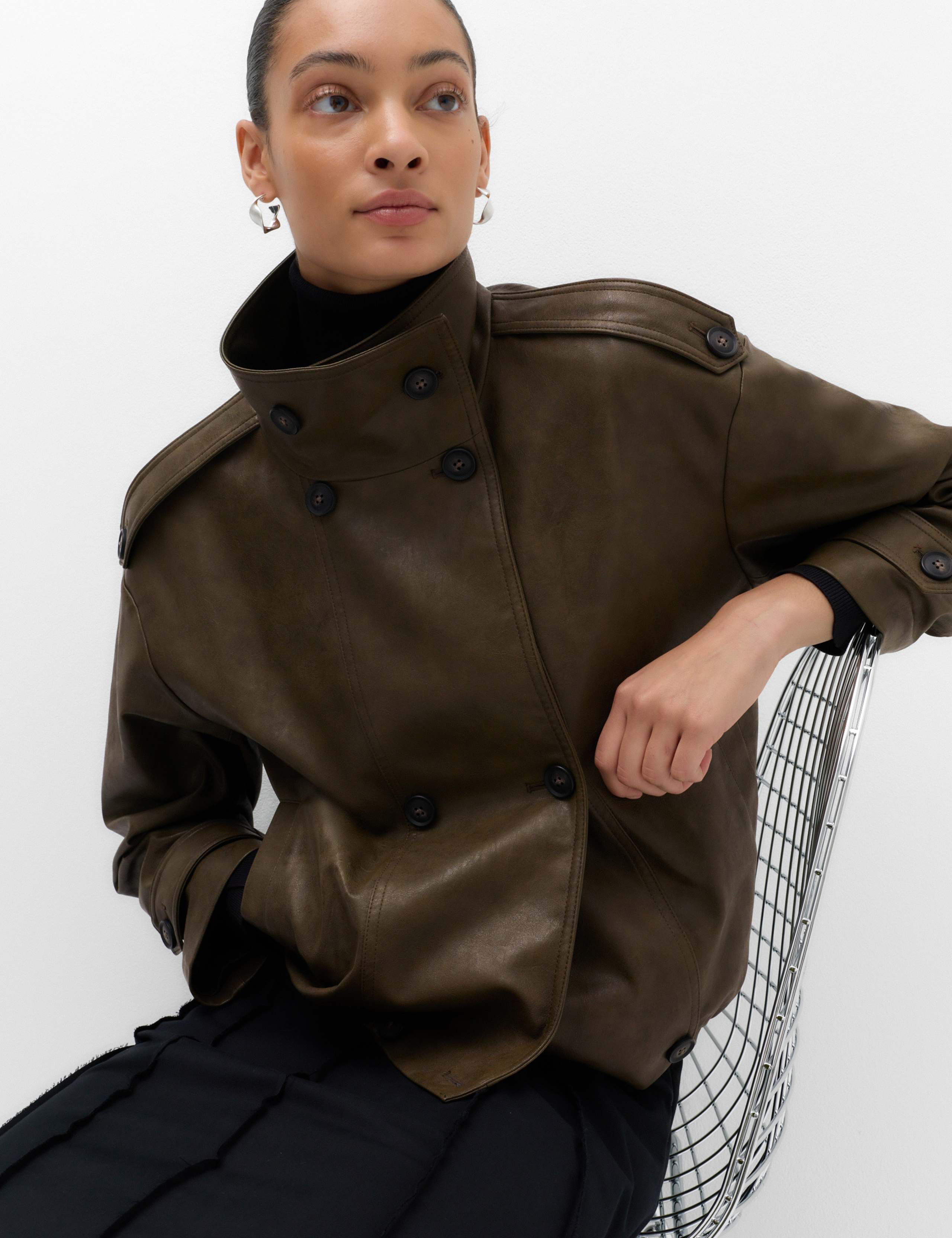 Faux Leather Funnel Neck Biker Jacket
