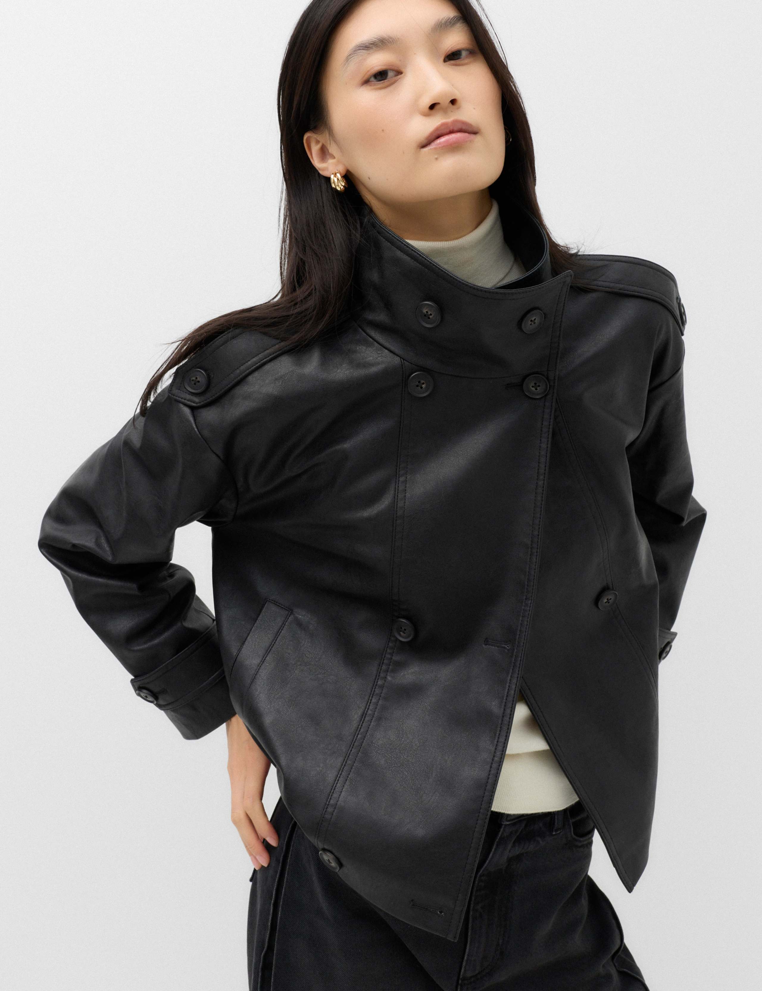Faux Leather Funnel Neck Biker Jacket
