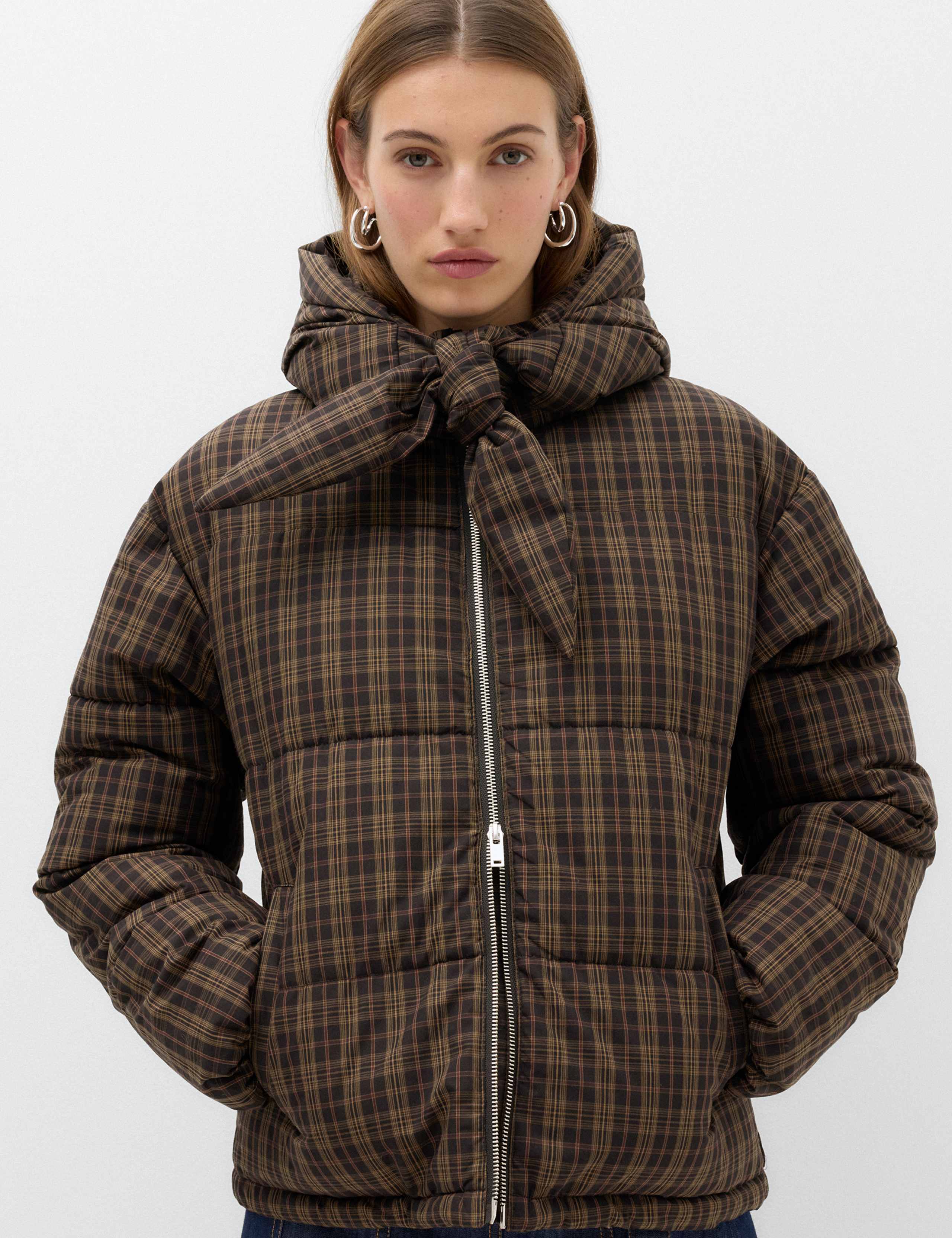 Checked Padded Hooded Puffer Jacket