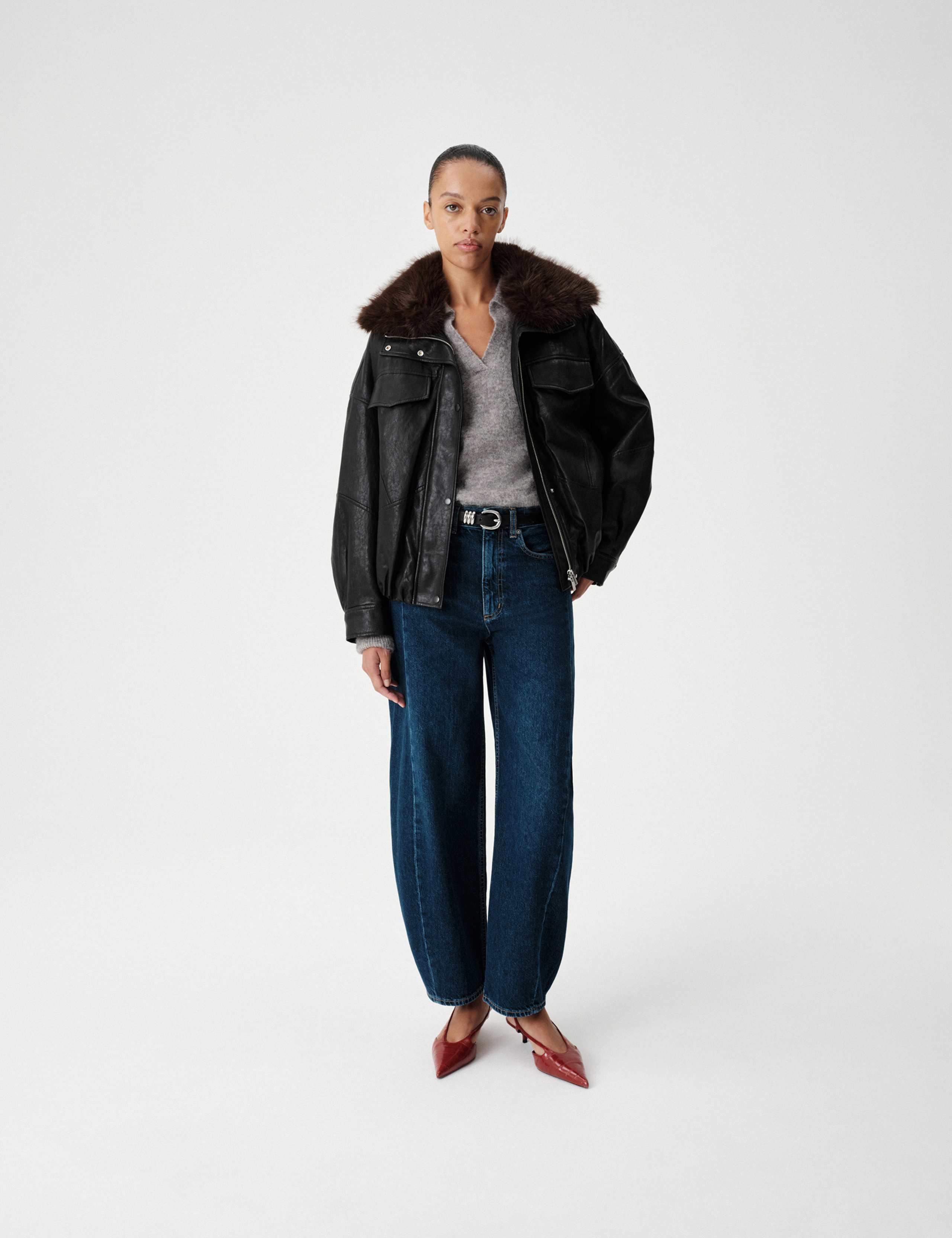 Faux Leather Faux Fur Funnel Collar Jacket