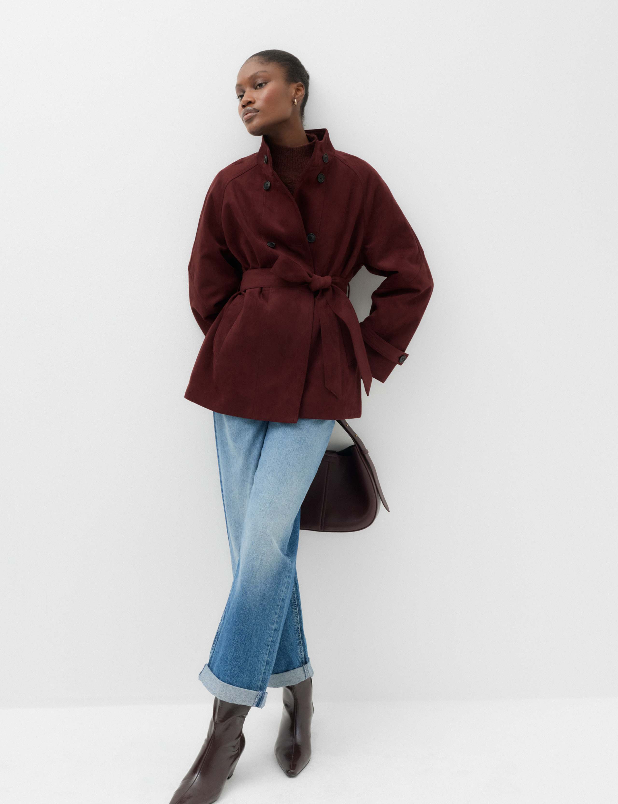 Suedette Funnel Neck Short Trench Coat