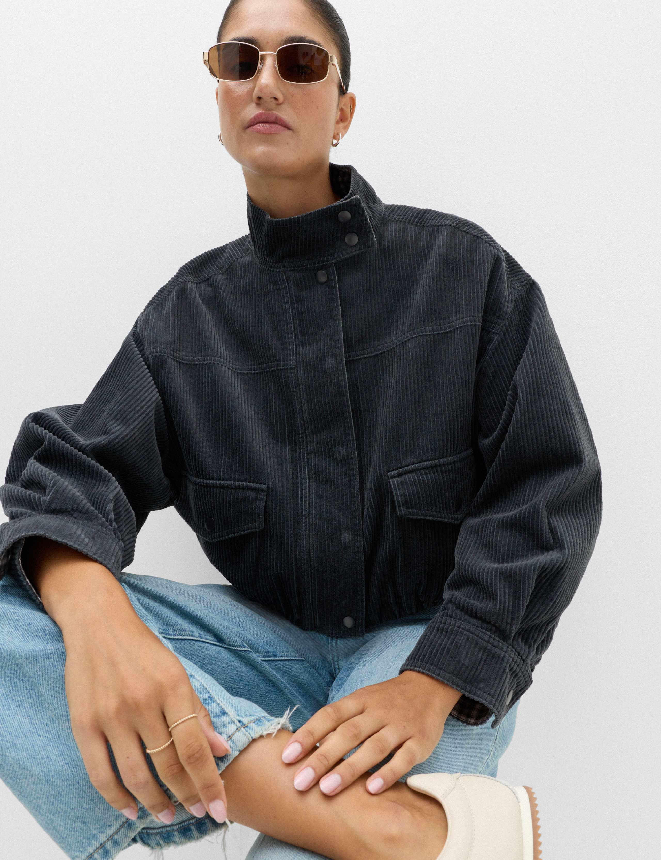 Pure Cotton Cord Funnel Neck Bomber Jacket