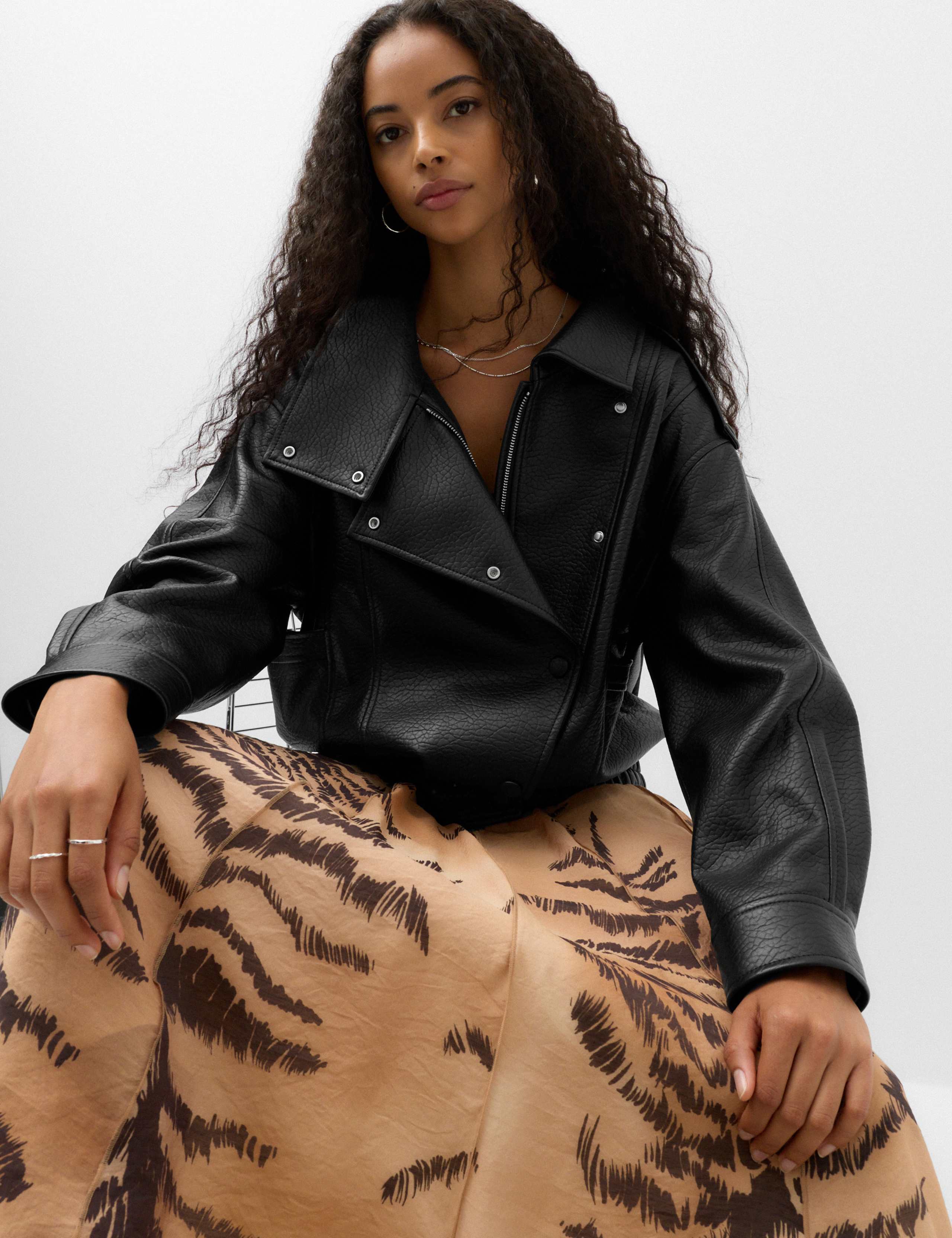 Faux Leather Funnel Neck Bomber Jacket