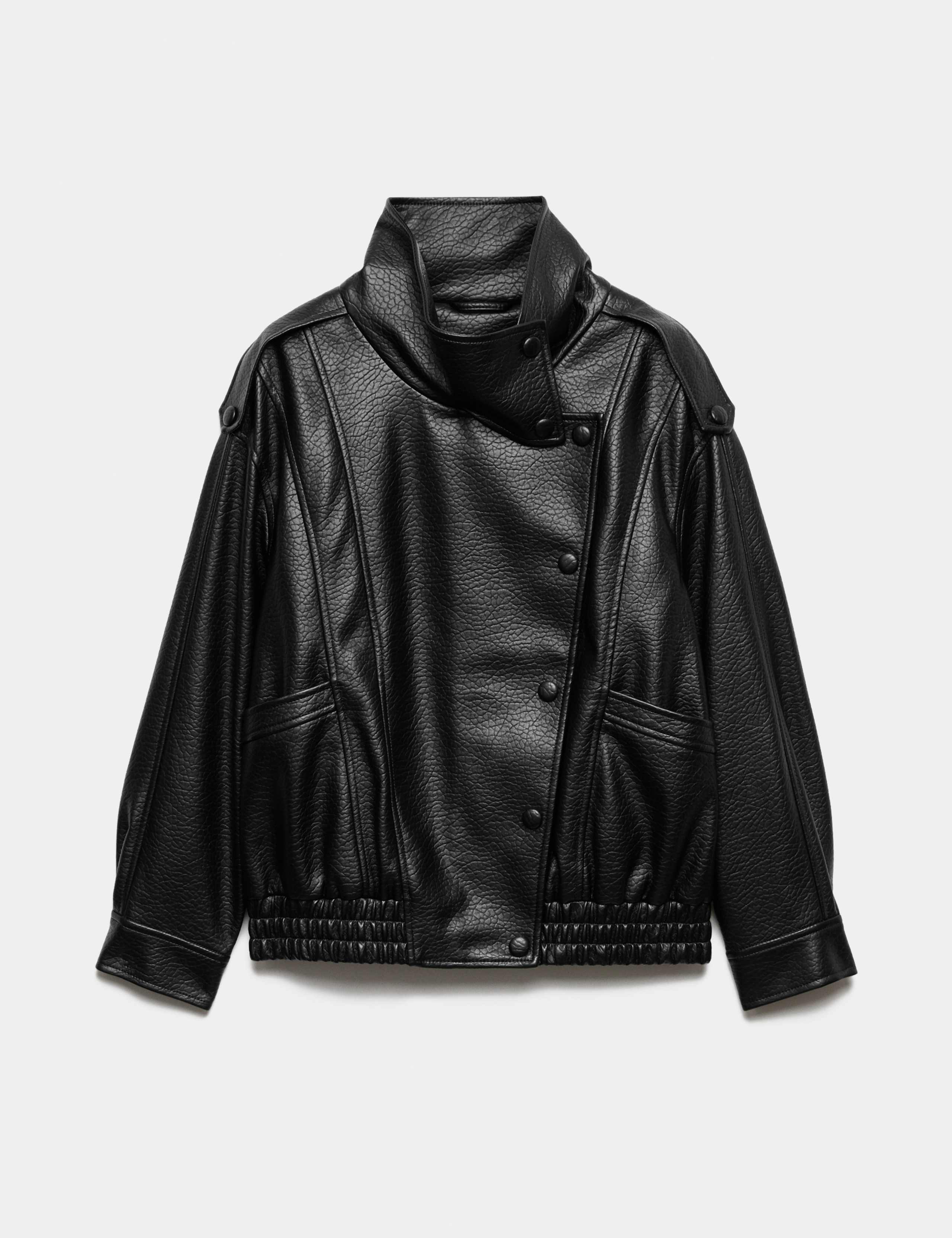 Faux Leather Funnel Neck Bomber Jacket