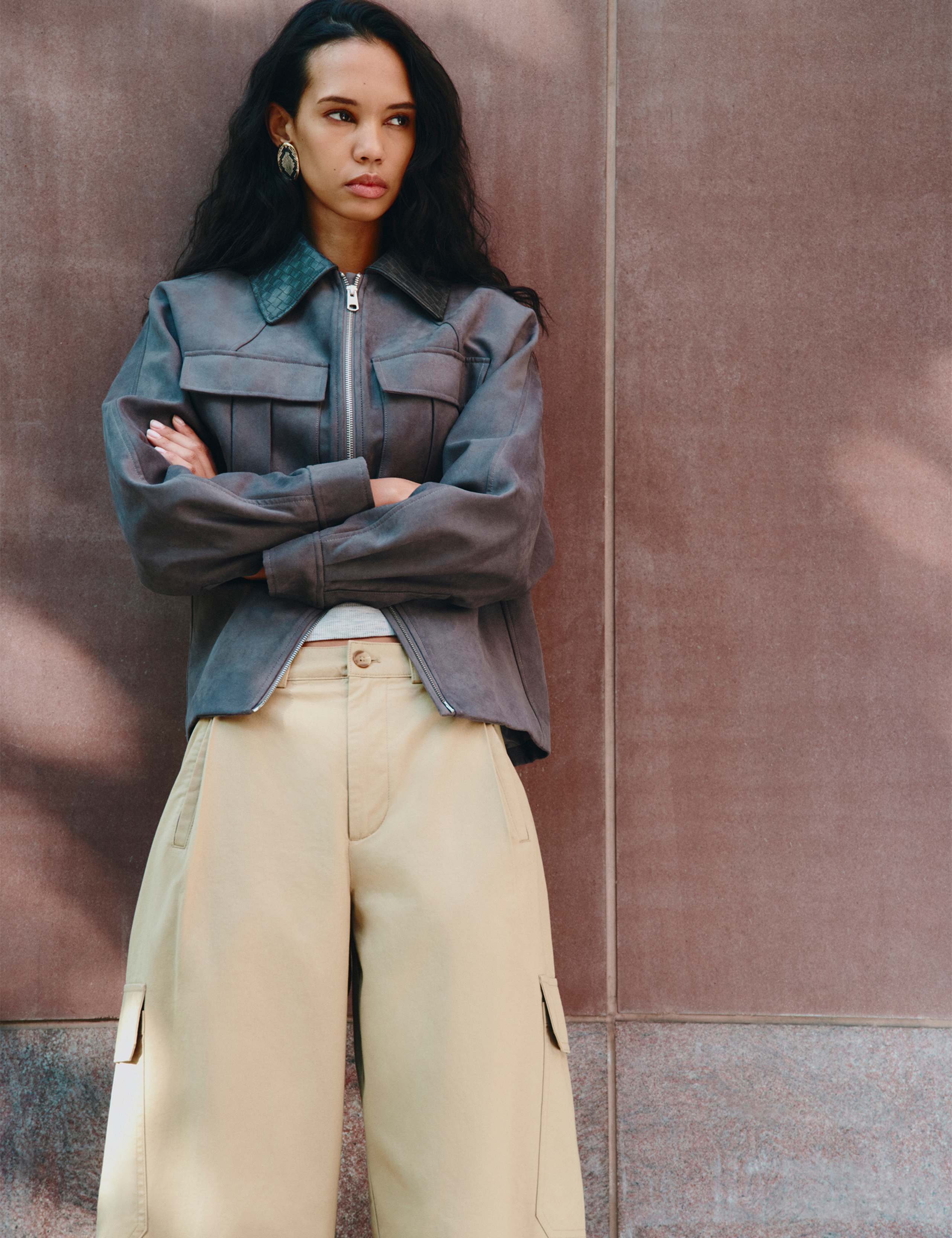 Suedette Collared Peplum Utility Jacket