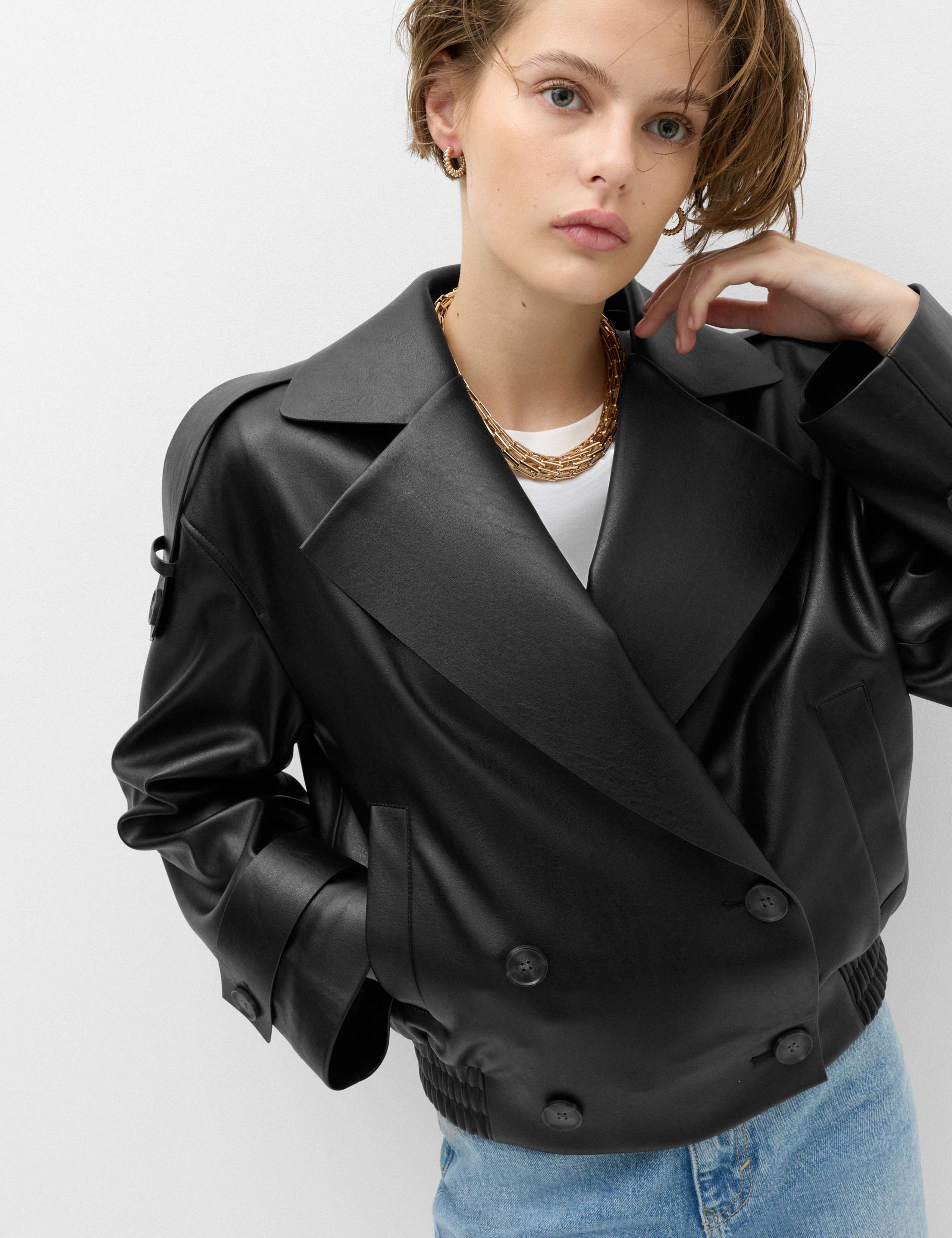 Faux Leather Revere Collar Short Jacket