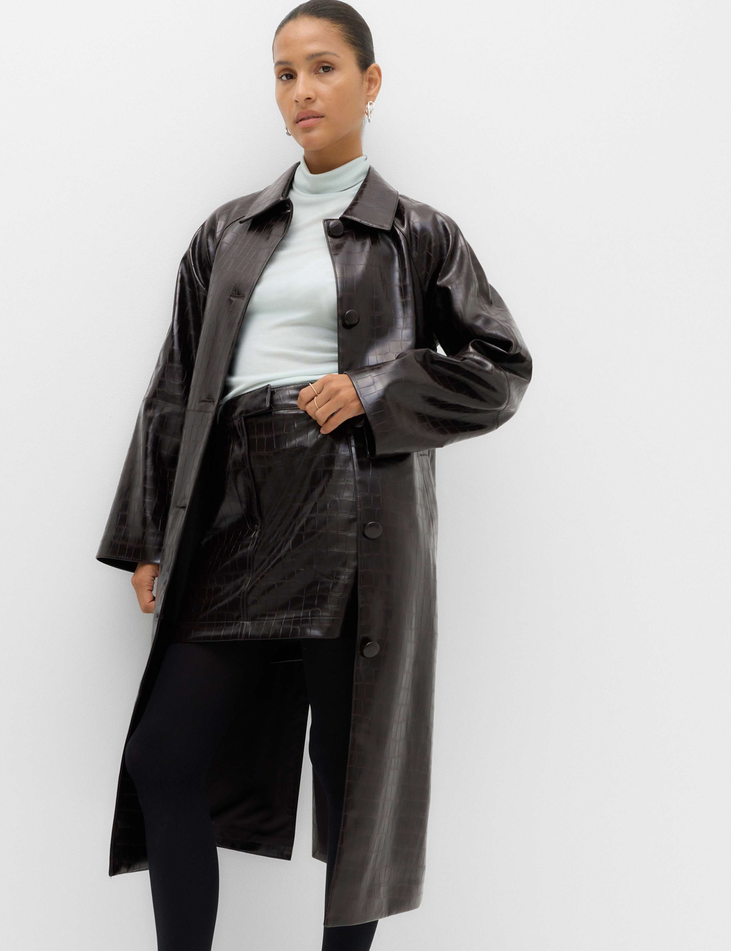 Faux Leather Croc Effect Longline Car Coat