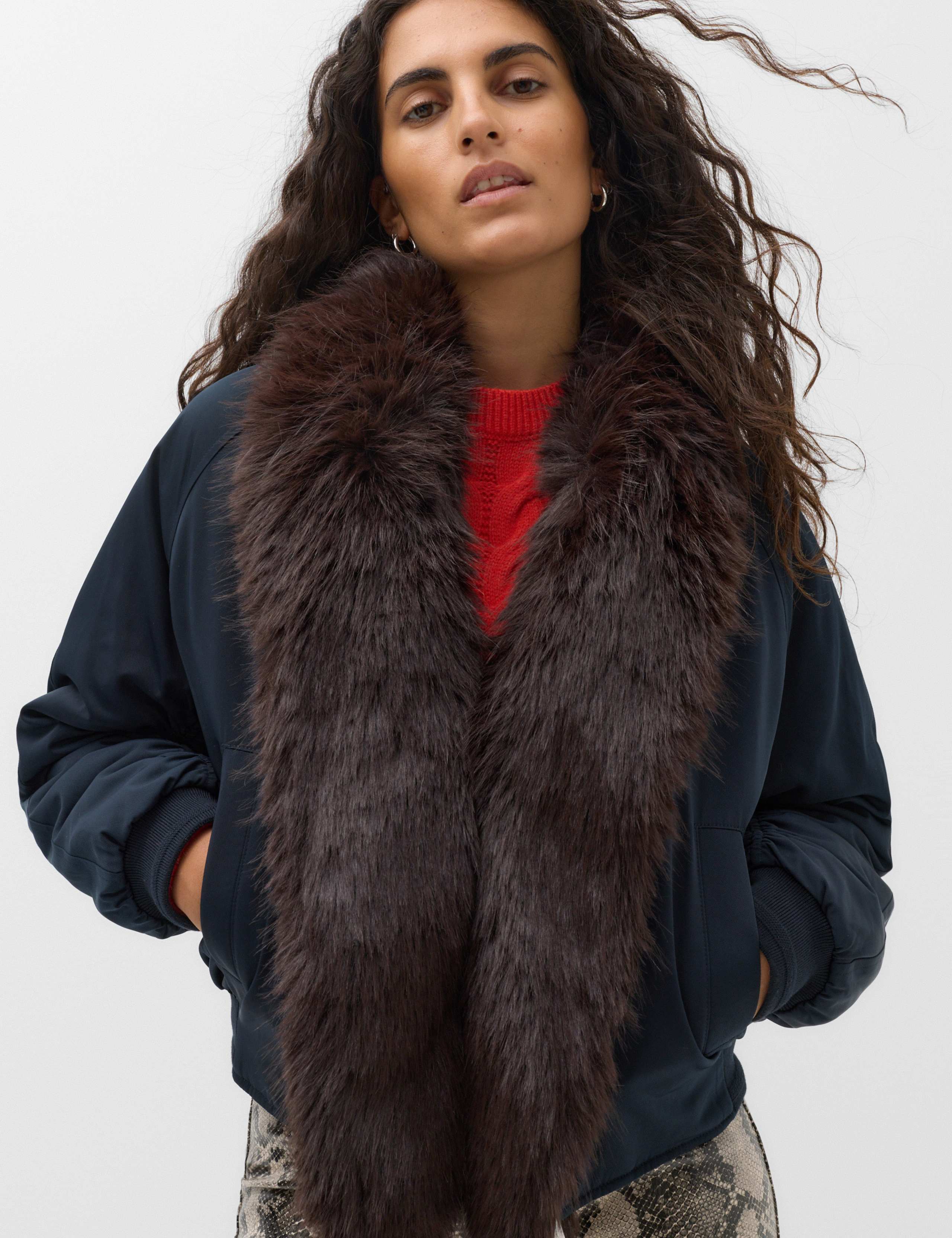 Faux Fur Scarf Flight Bomber Jacket