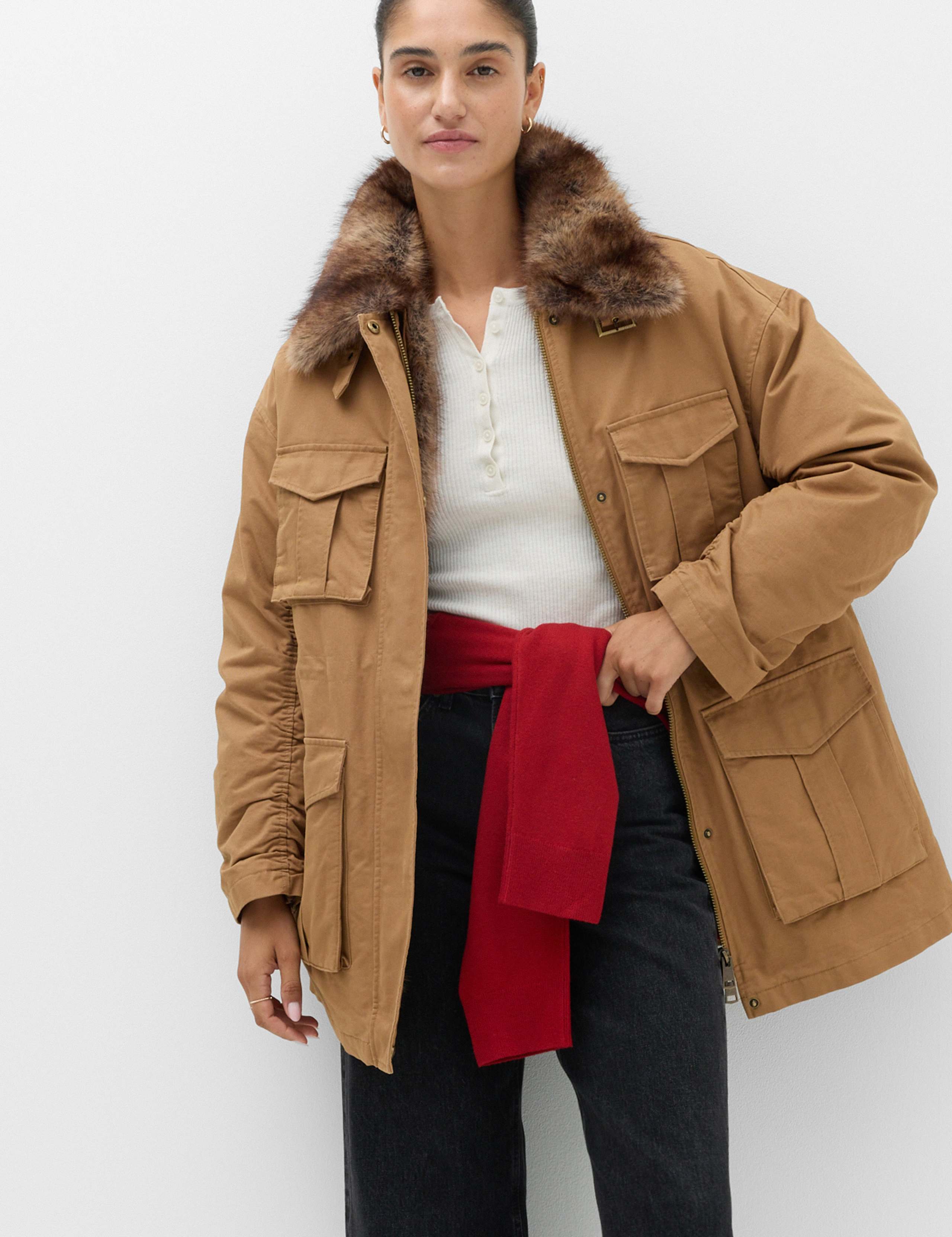 Pure Cotton Faux Fur Trim Parka Jacket