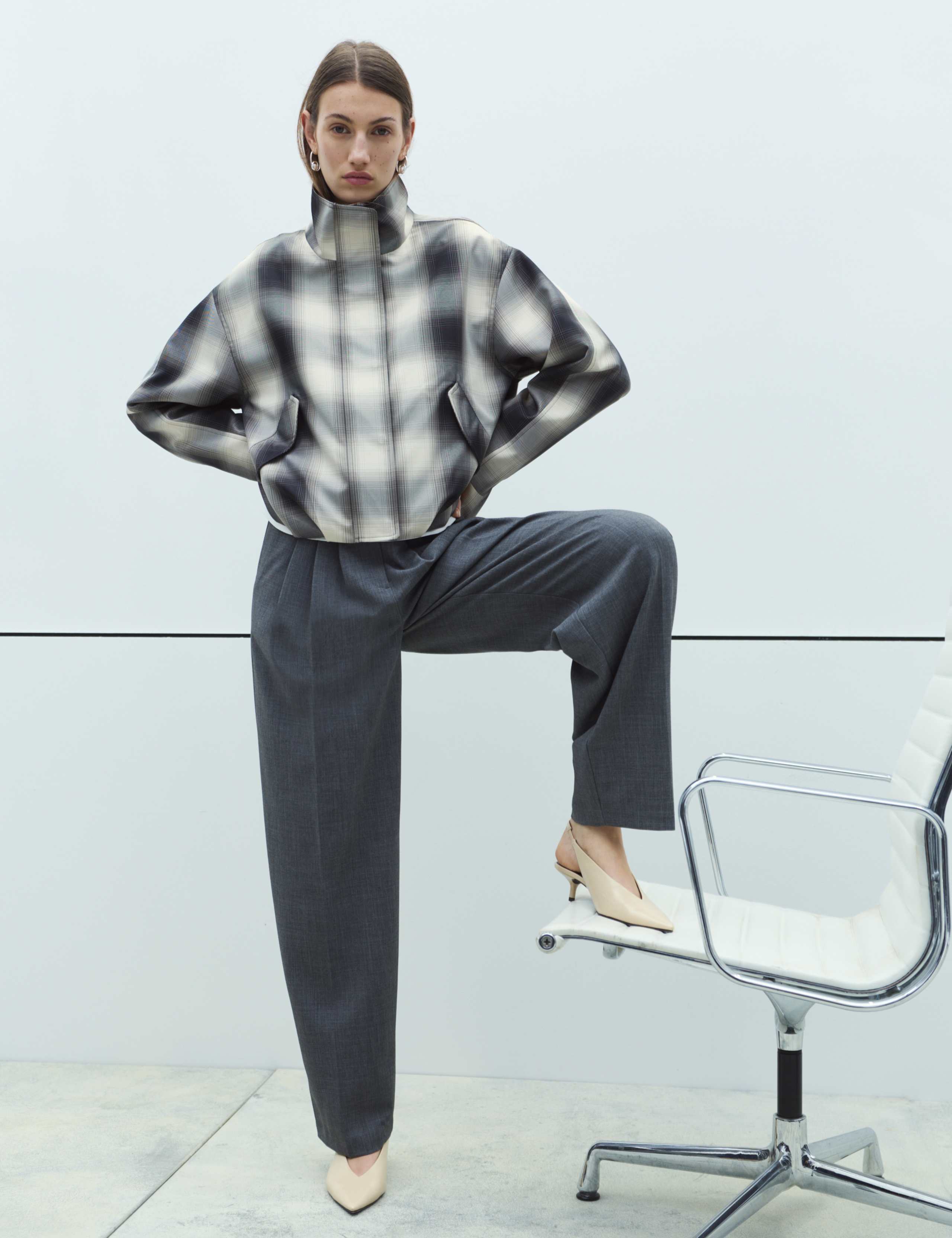 Checked Bubble Hem Funnel Neck Jacket