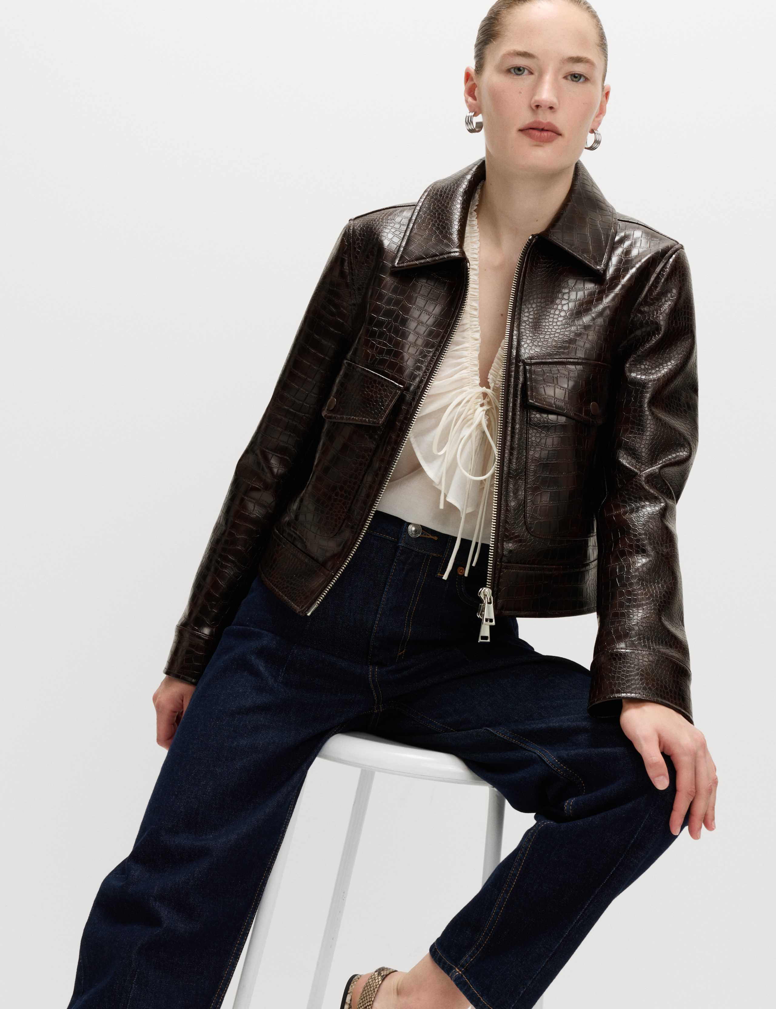 Faux Leather Croc Harrington Jacket