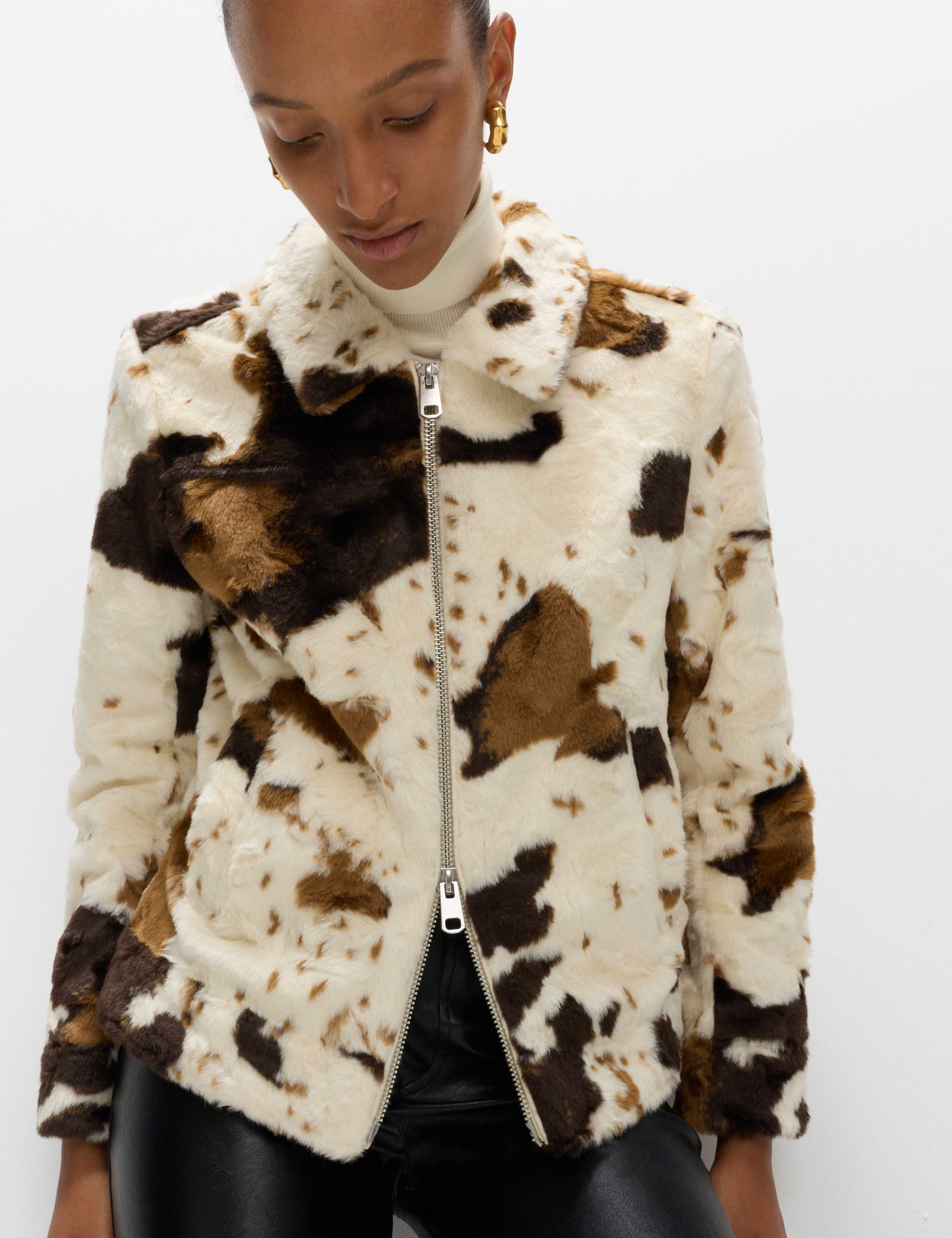 Faux Fur Cow Print Trucker Jacket