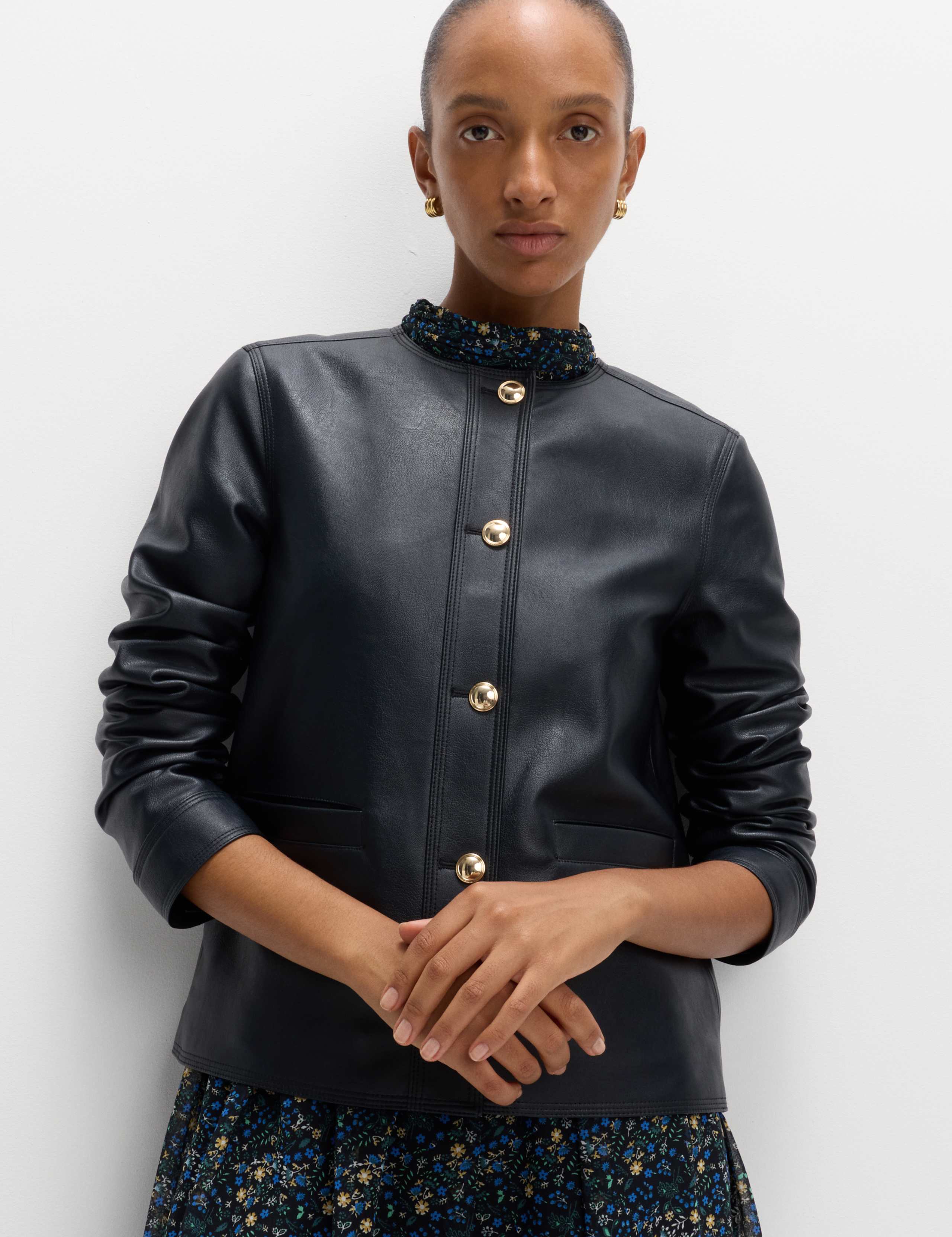Faux Leather Collarless Jacket