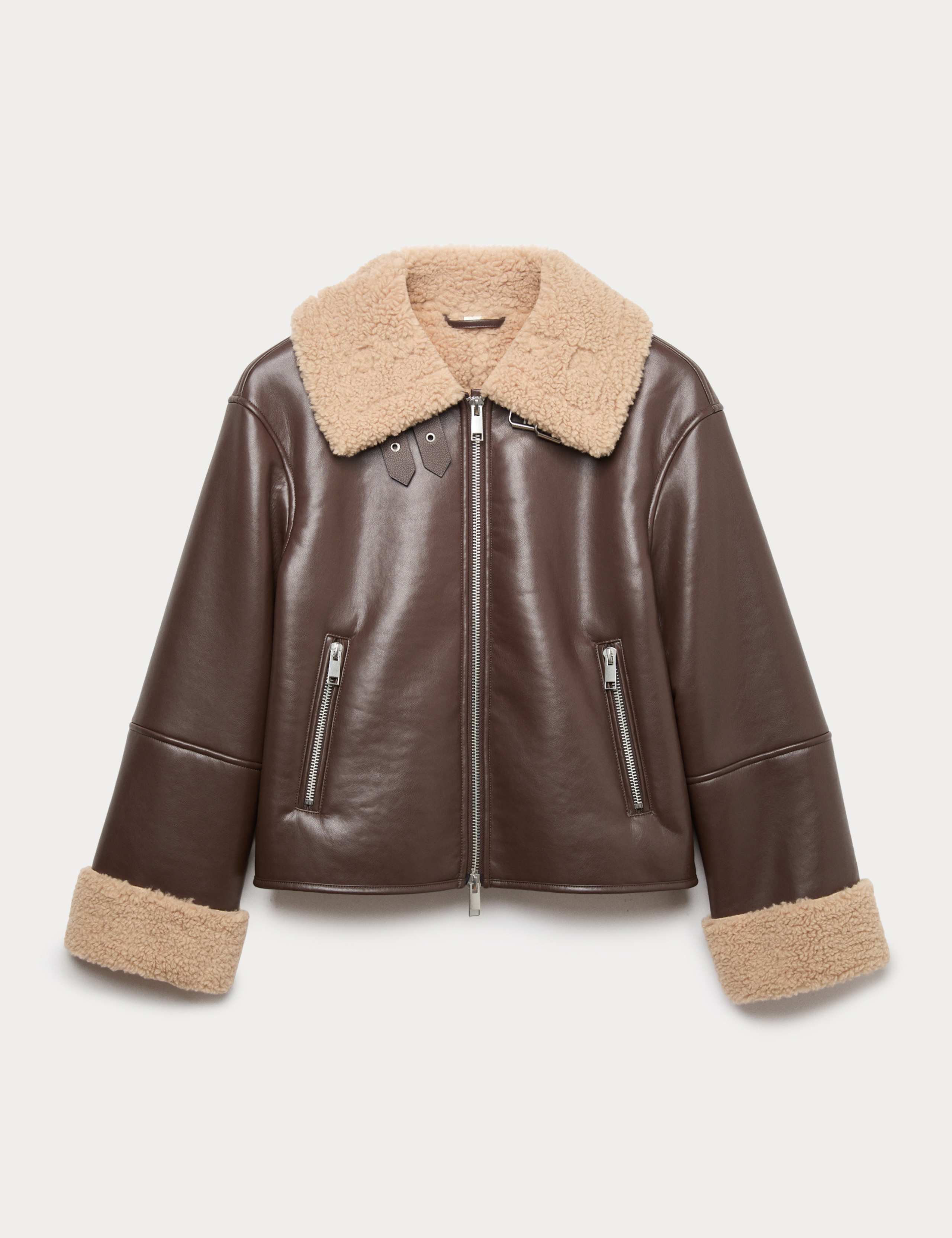 Faux Shearling Buckle Detail Aviator Jacket