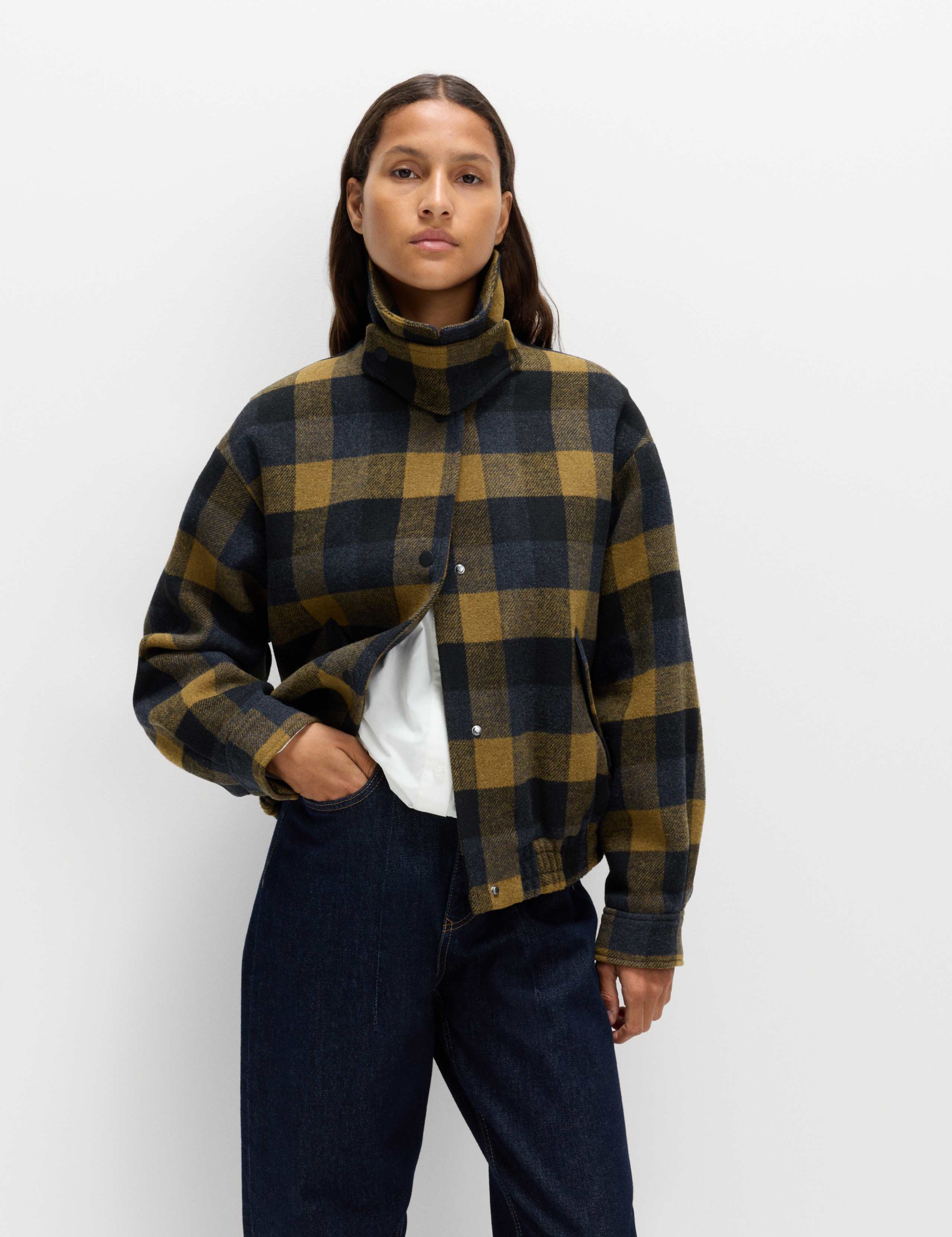 Checked Collared Bomber Jacket with Wool