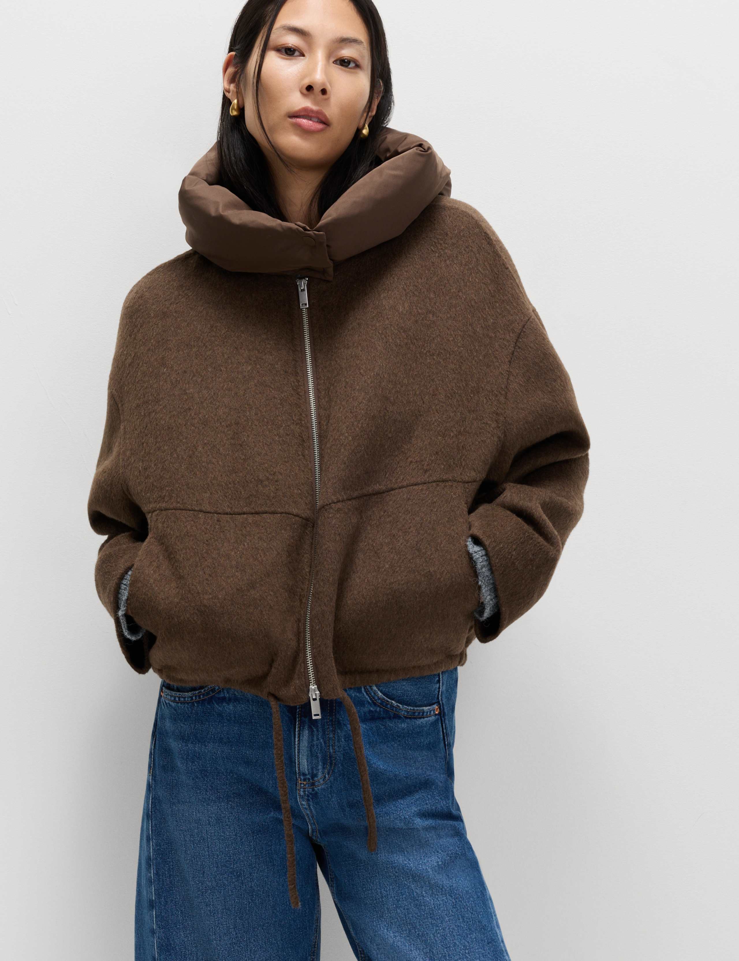 Wool Blend Textured Padded Hood Jacket