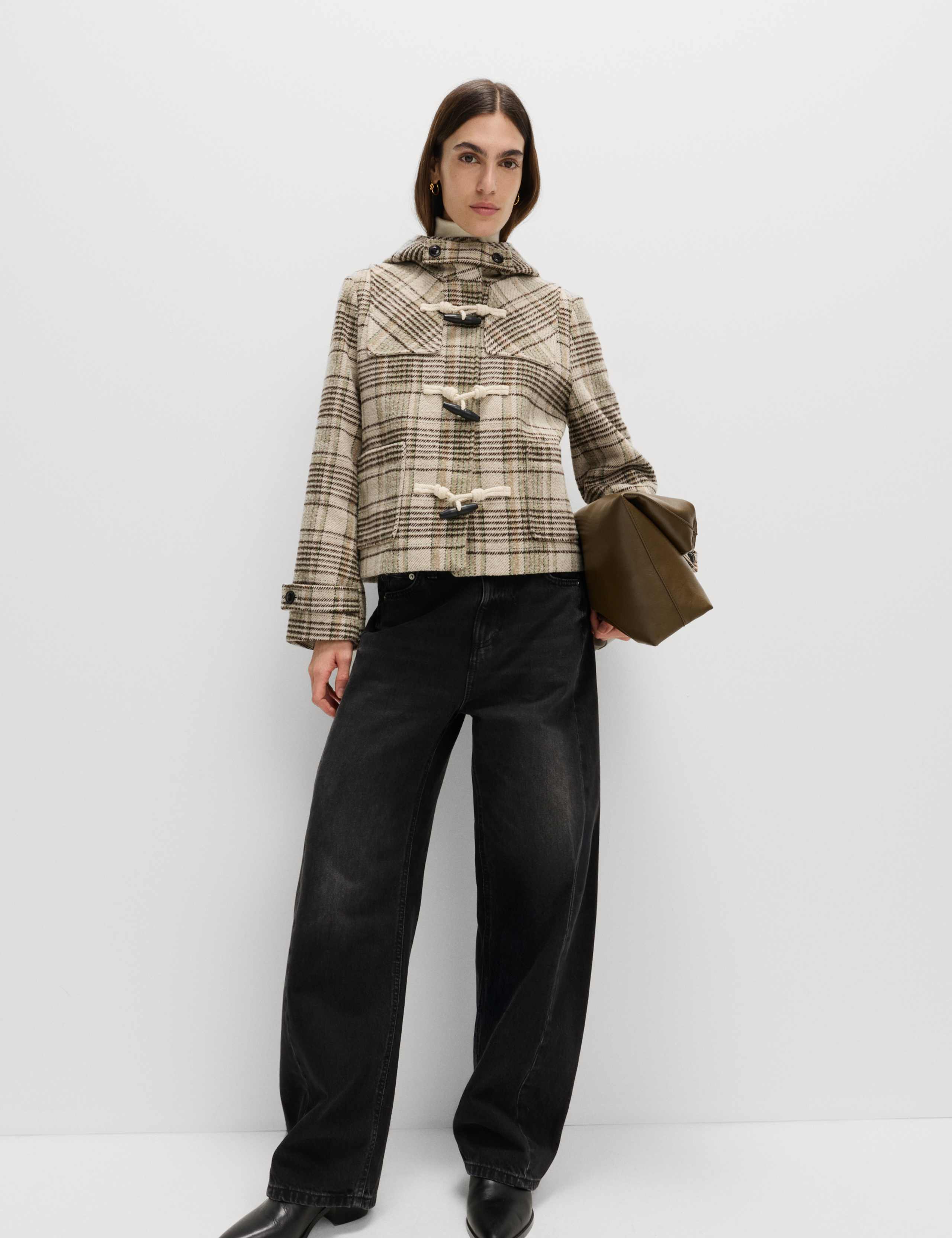 Checked Hooded Duffle Coat With Wool