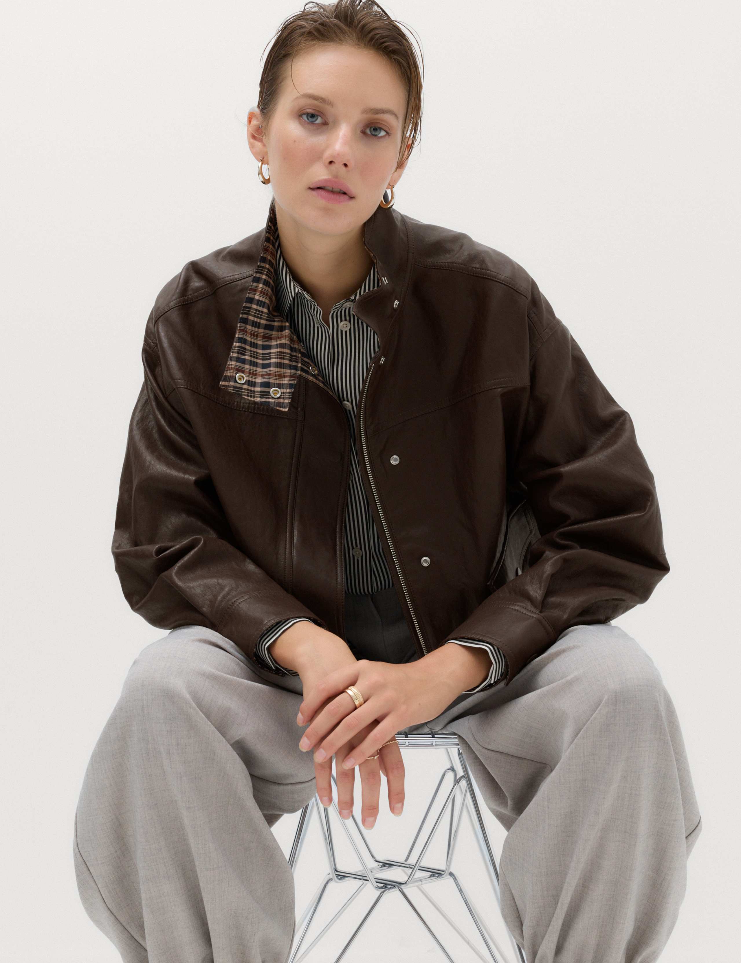 Faux Leather Checked Funnel Neck Bomber Jacket