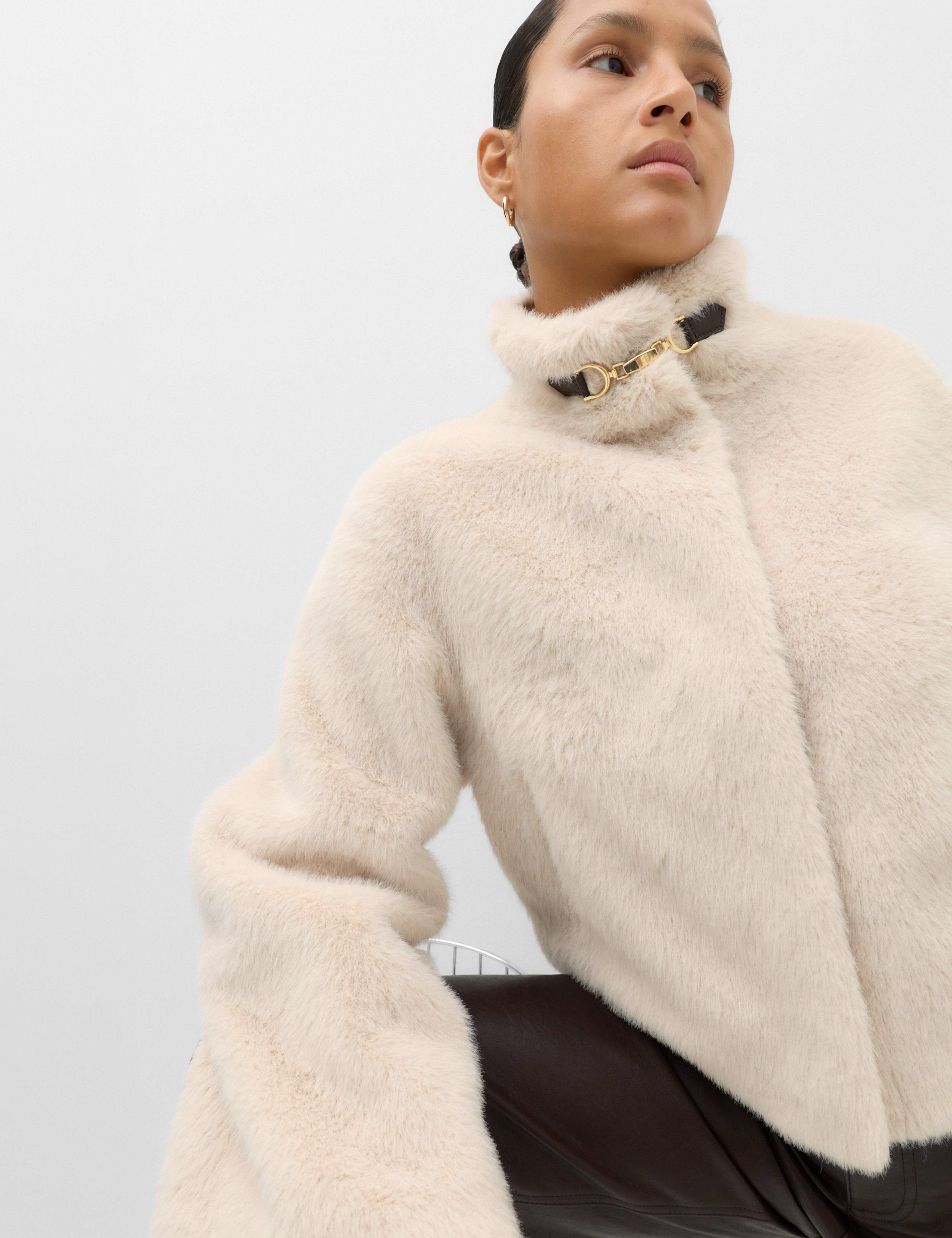 Faux Fur Leopard Print Funnel Neck Cropped Jacket