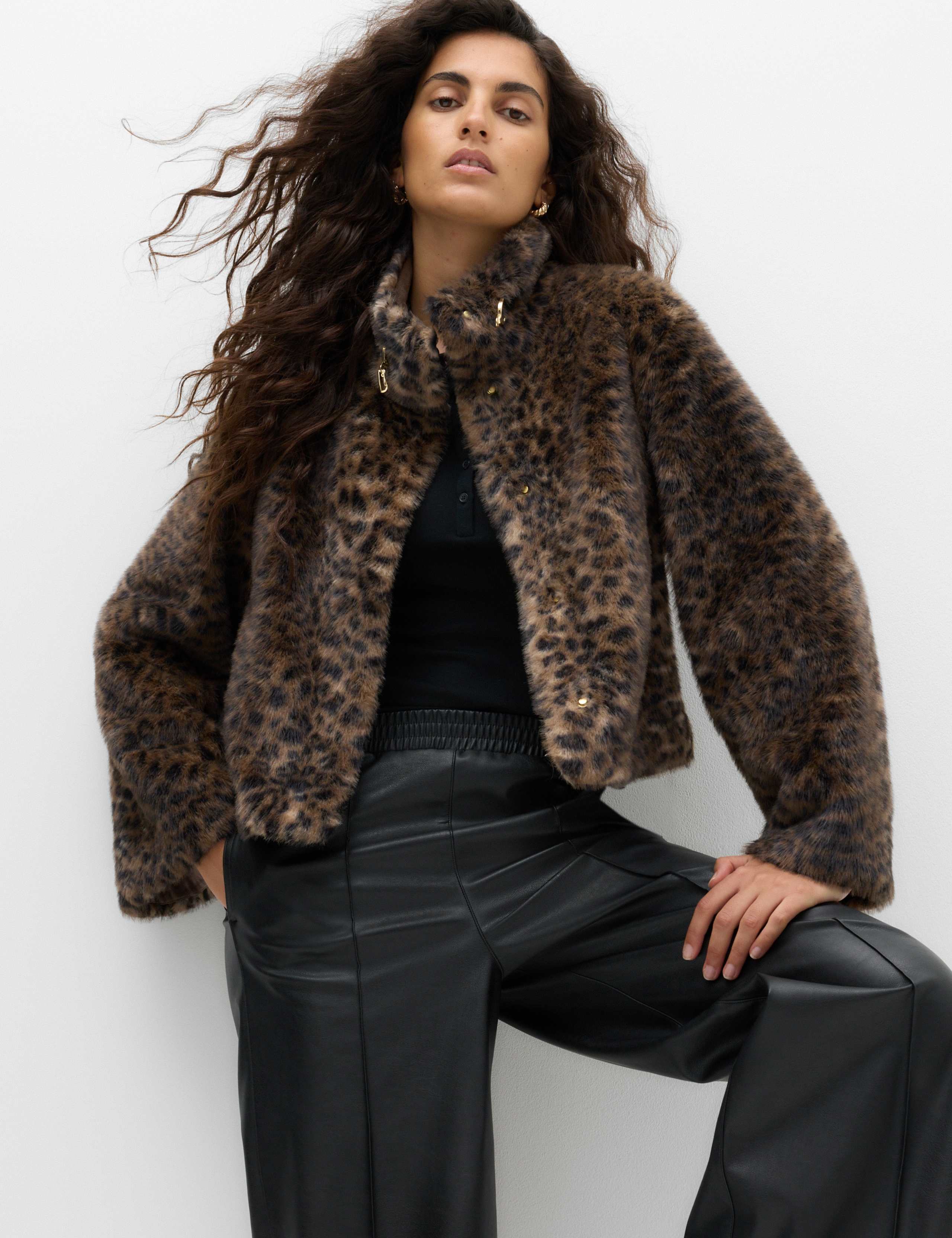 Faux Fur Leopard Print Funnel Neck Cropped Jacket