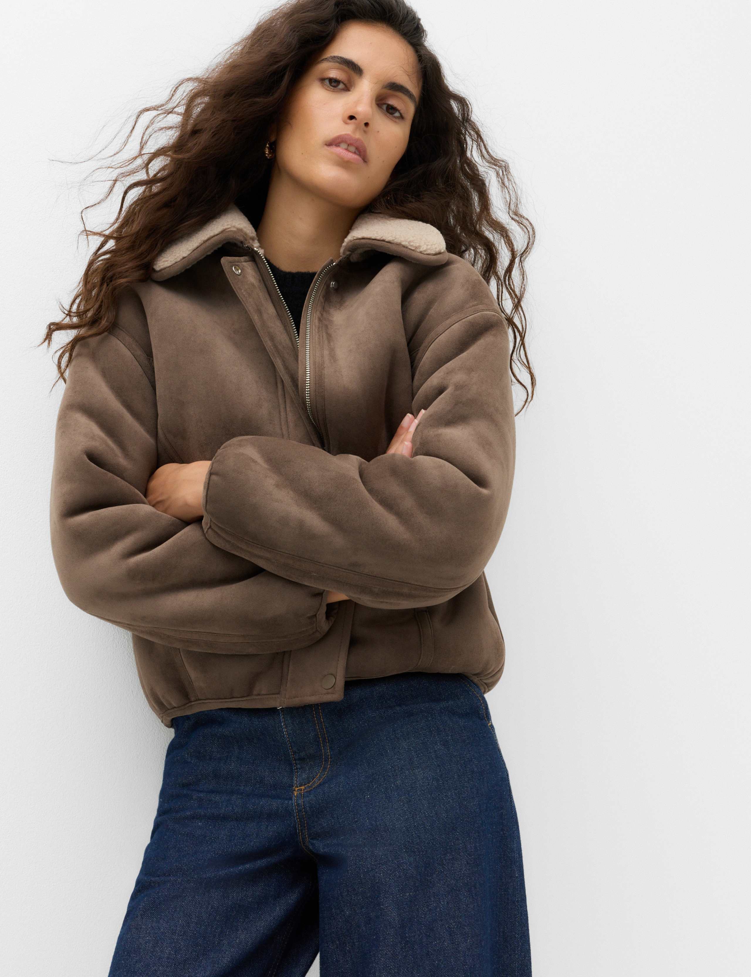 Faux Shearling Zip Up Bomber Jacket