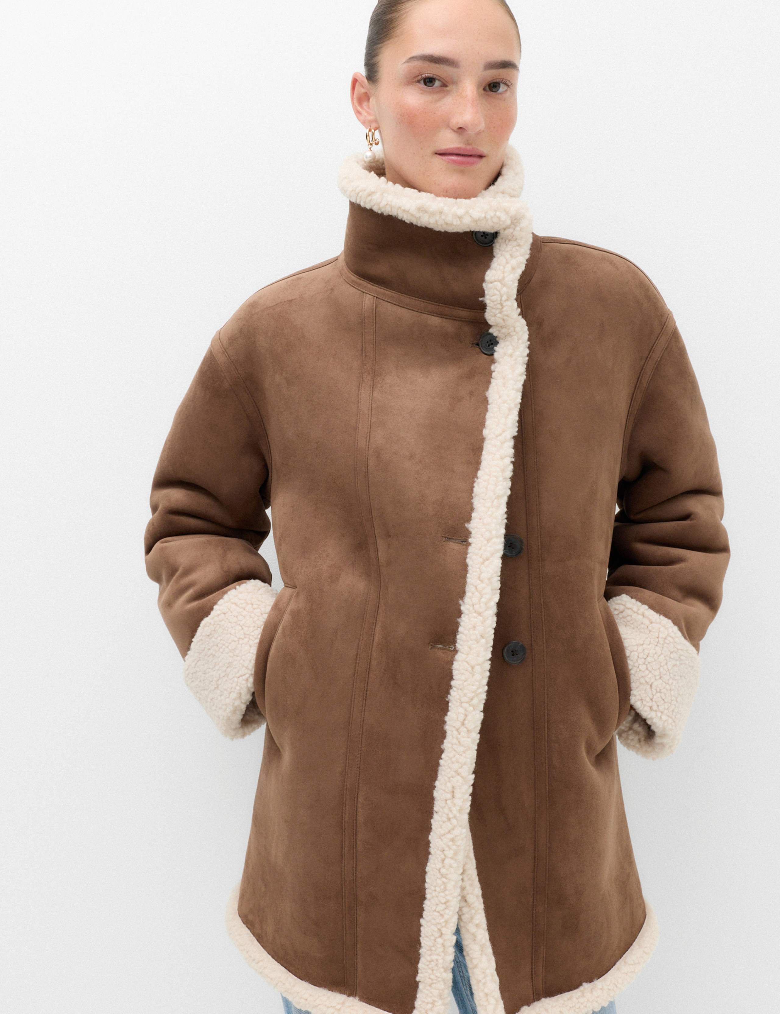 Suedette Shearling Funnel Neck Coat