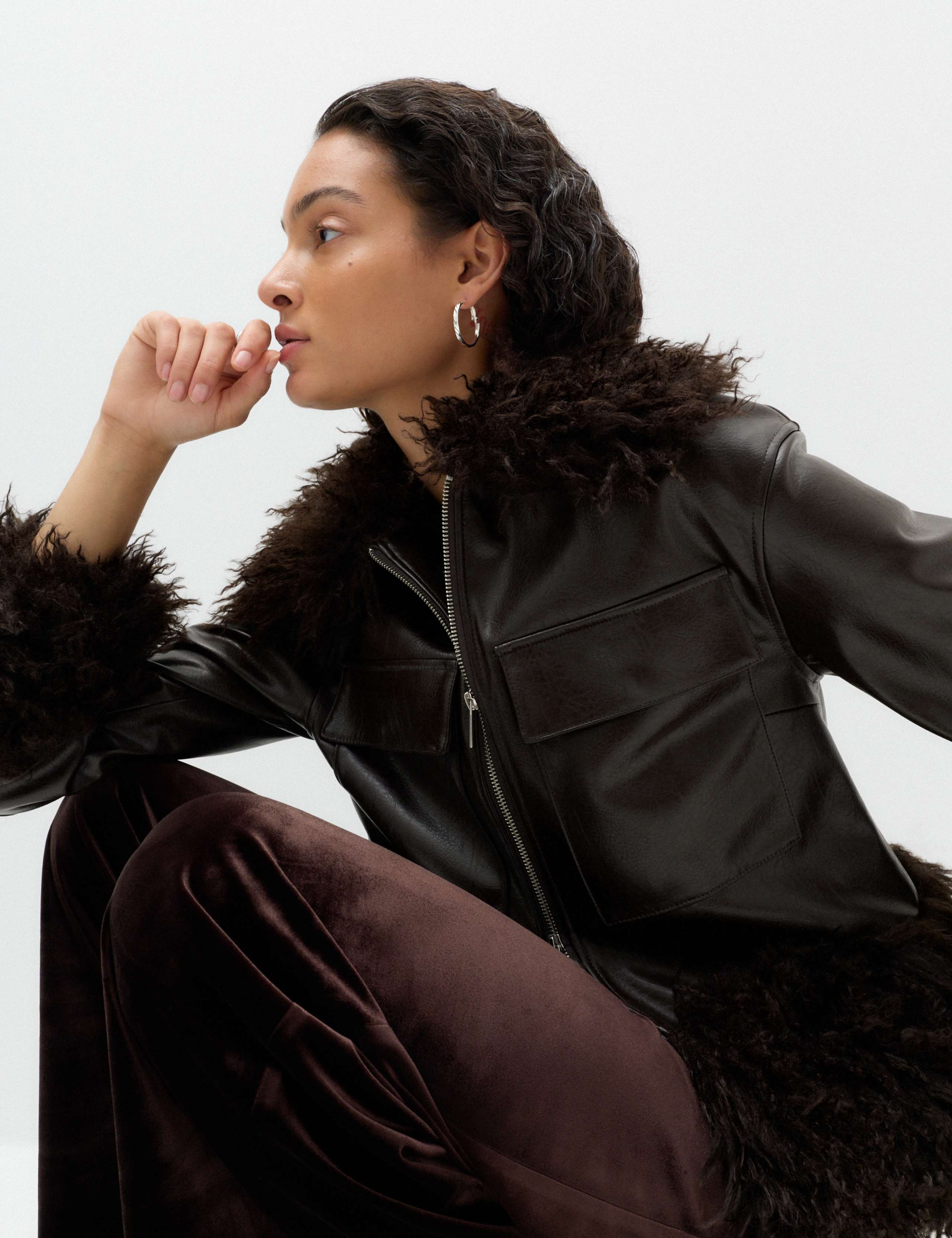Faux Leather Faux Fur Trim Short Jacket