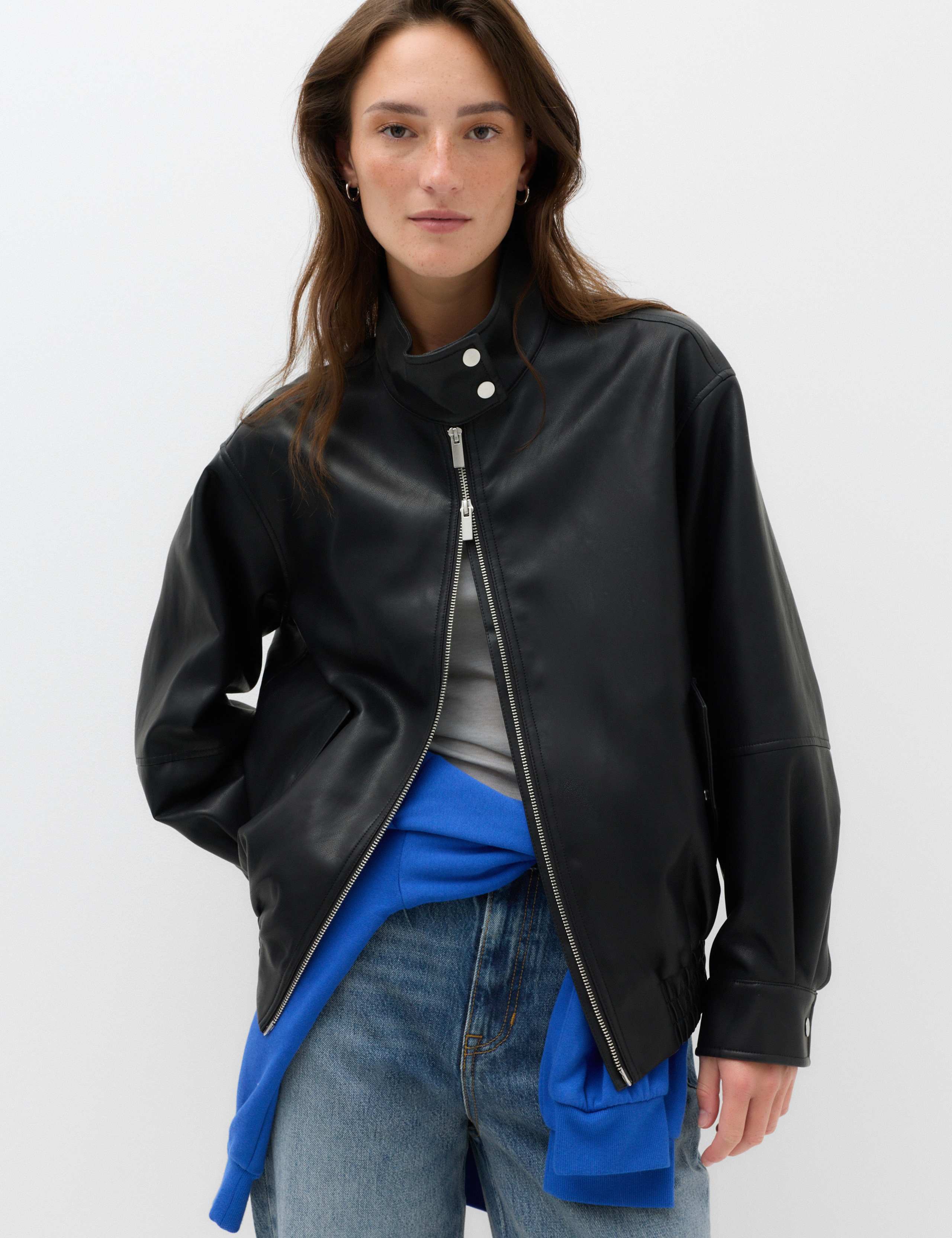 Faux Leather Funnel Neck Bomber Jacket