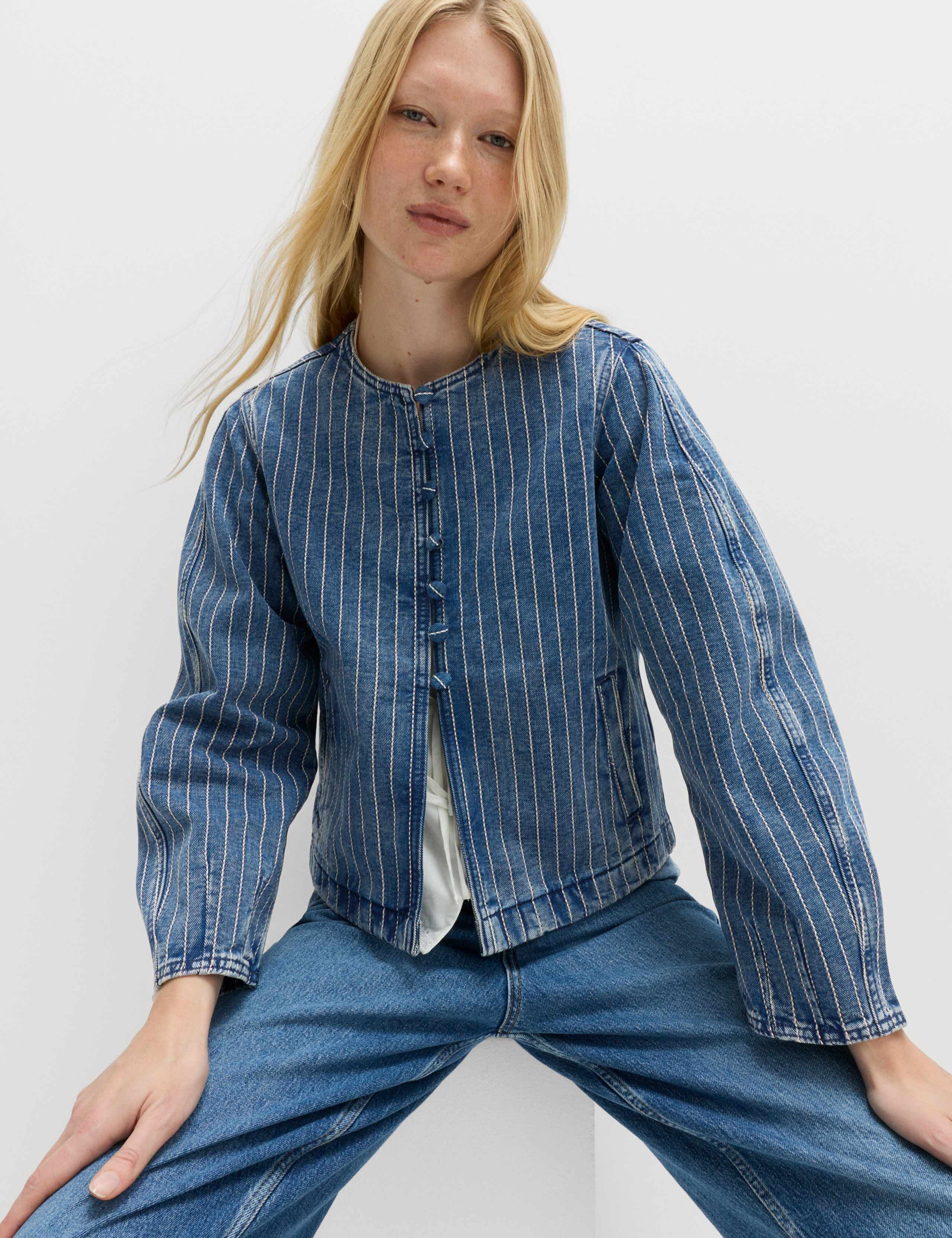 Denim Striped Collarless Jacket
