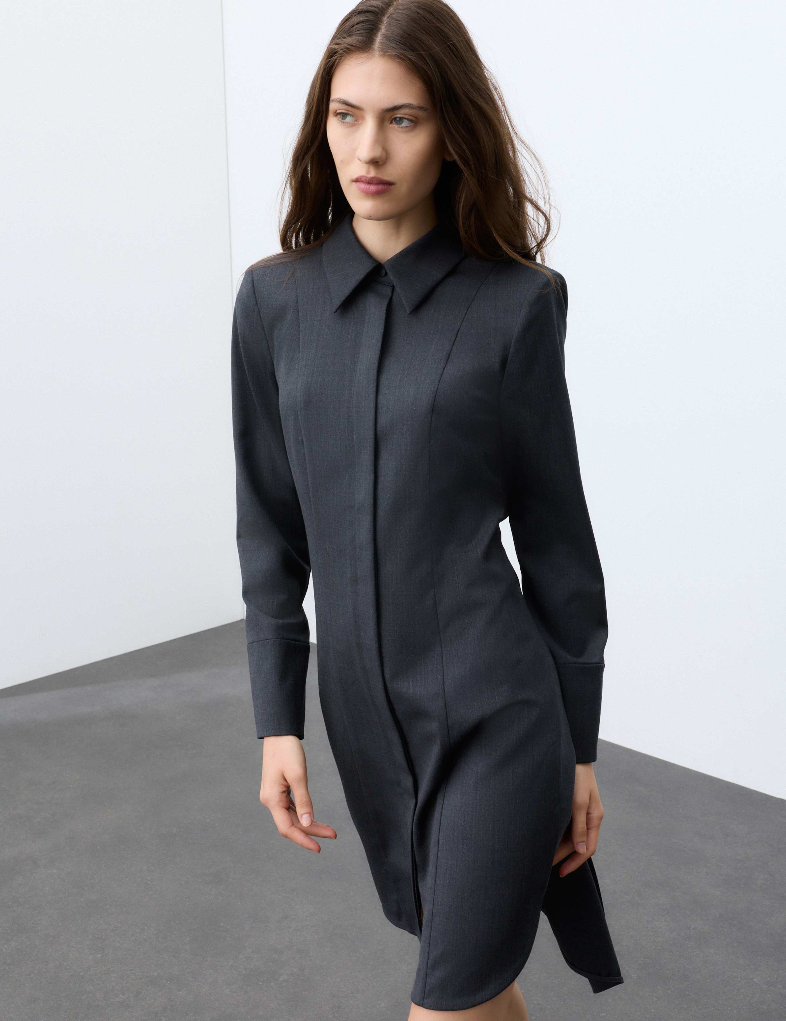 Wool Blend Draped Back Shirt Dress