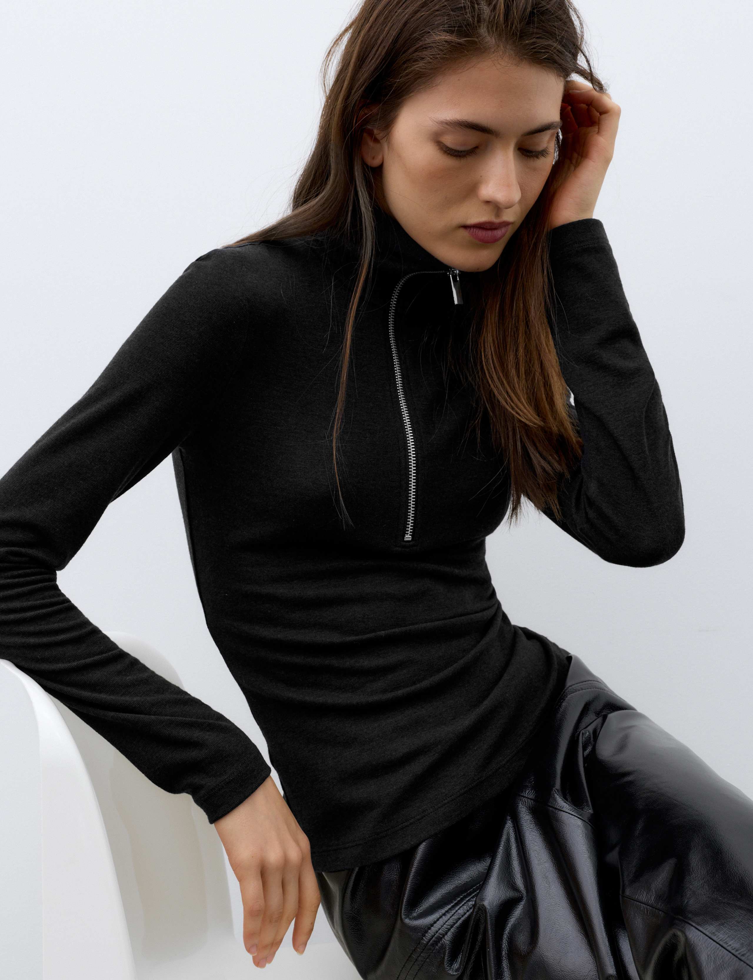 Funnel Neck Fitted Half Zip Top with Lyocell