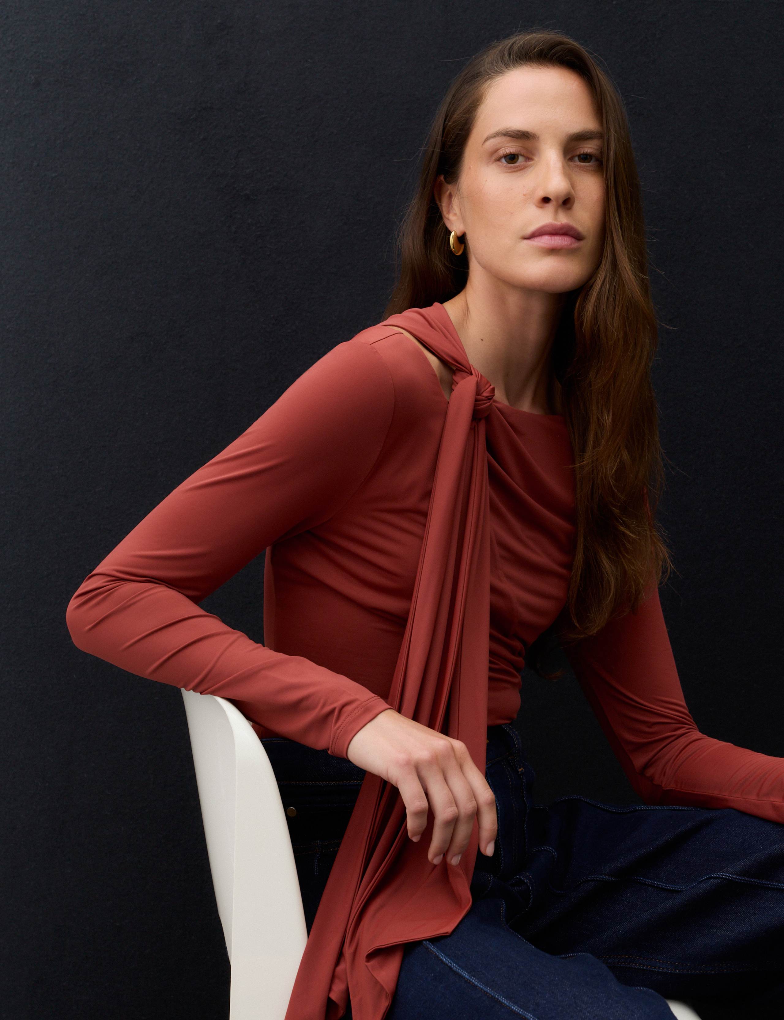 Slim Fit Asymmetric Tie Neck Top