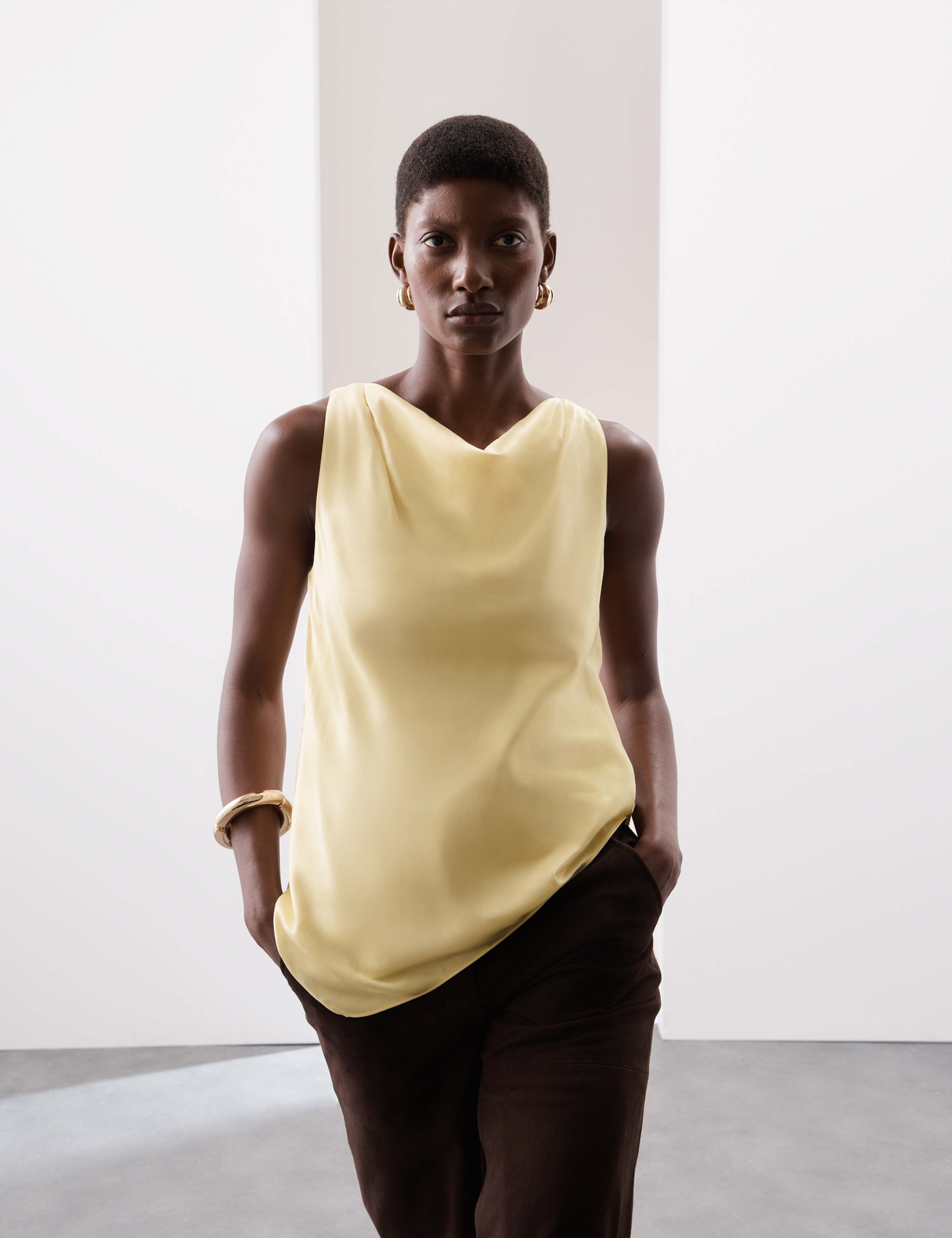 Cupro Rich Cowl Neck Asymmetric Draped Top