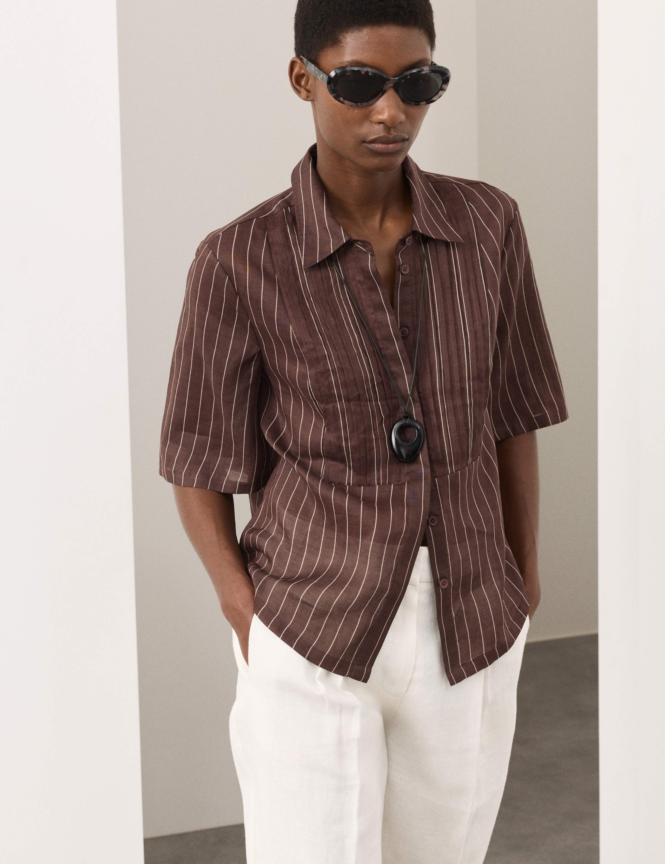Pure Ramie Striped Pintuck Shirt