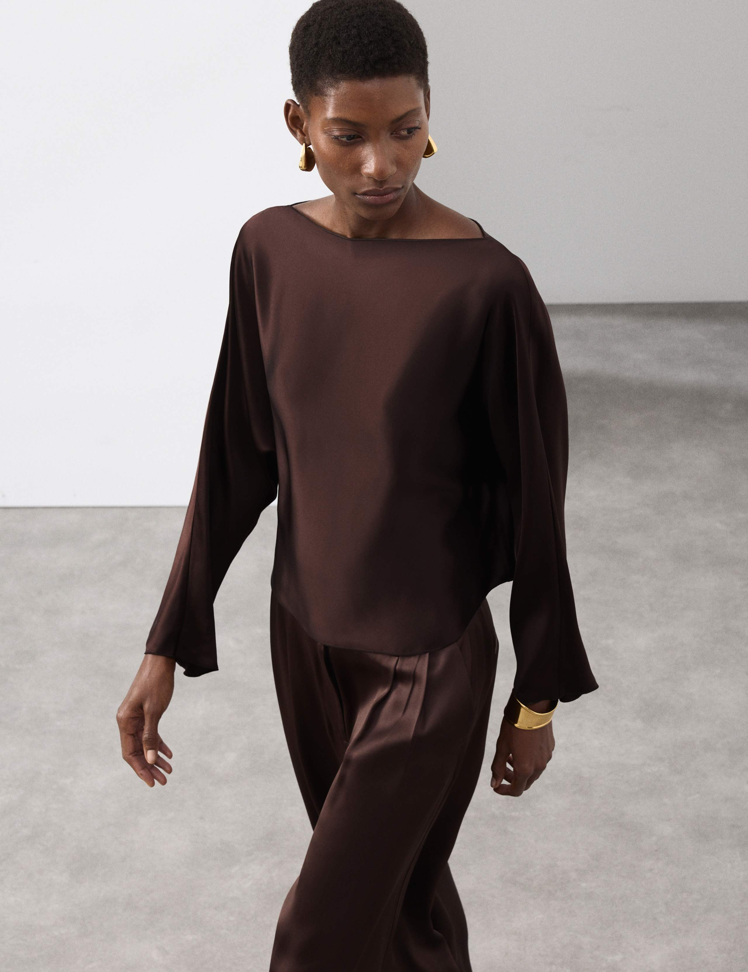 Satin Draped Slash Neck Blouse