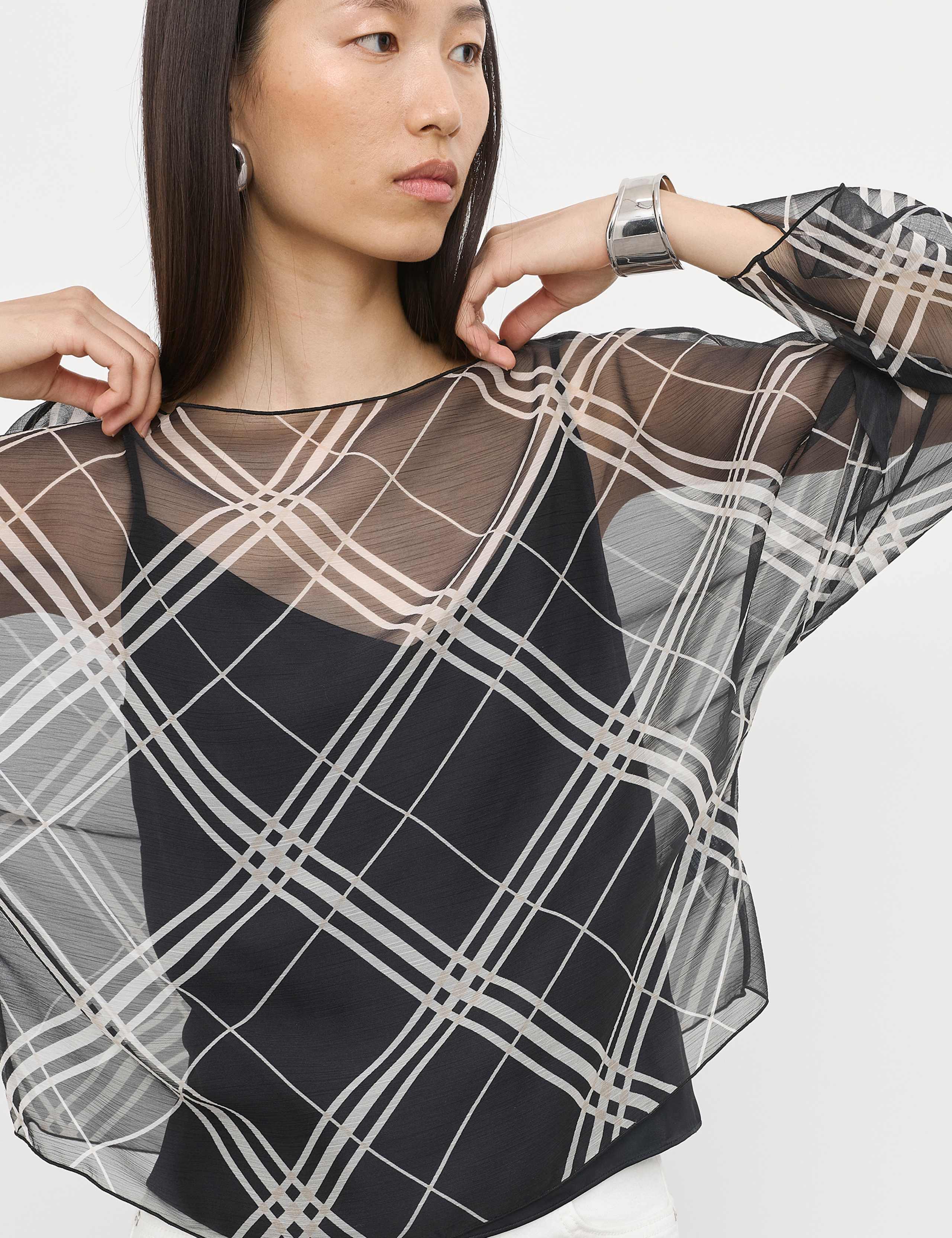 Checked Sheer Slash Neck Blouse
