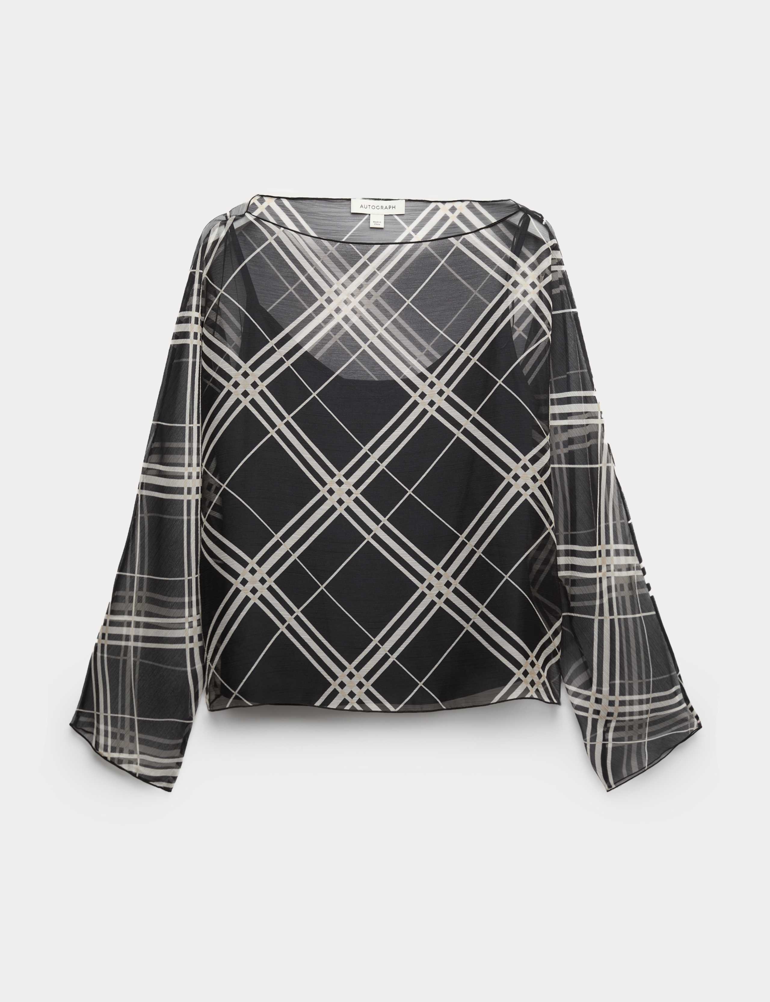 Checked Sheer Slash Neck Blouse