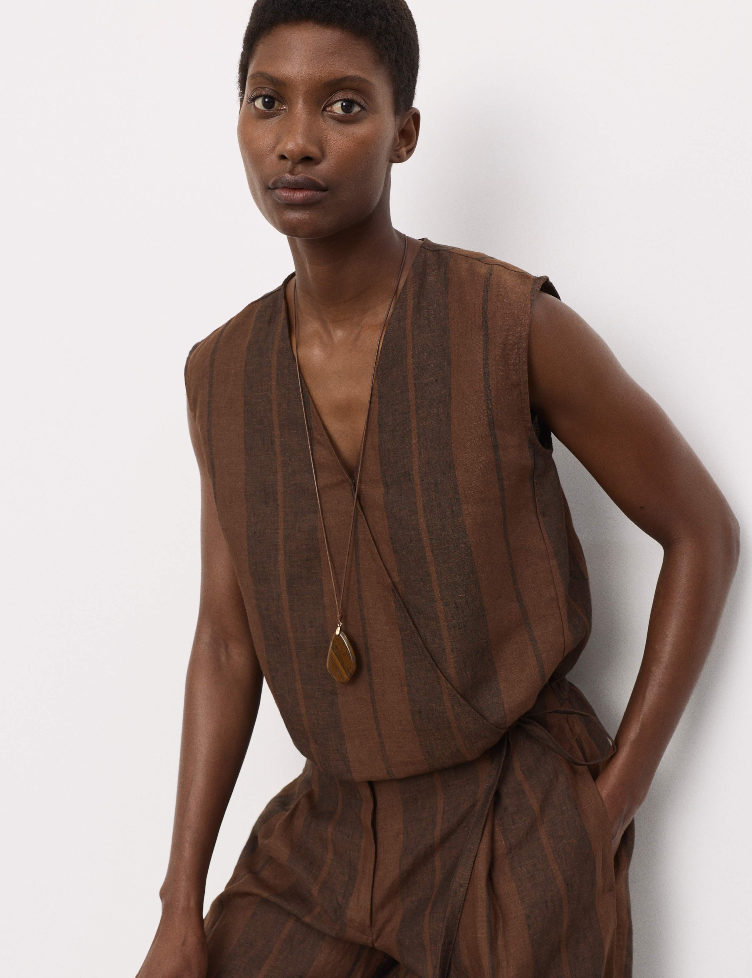 Pure Flax Linen Striped Wrap Top