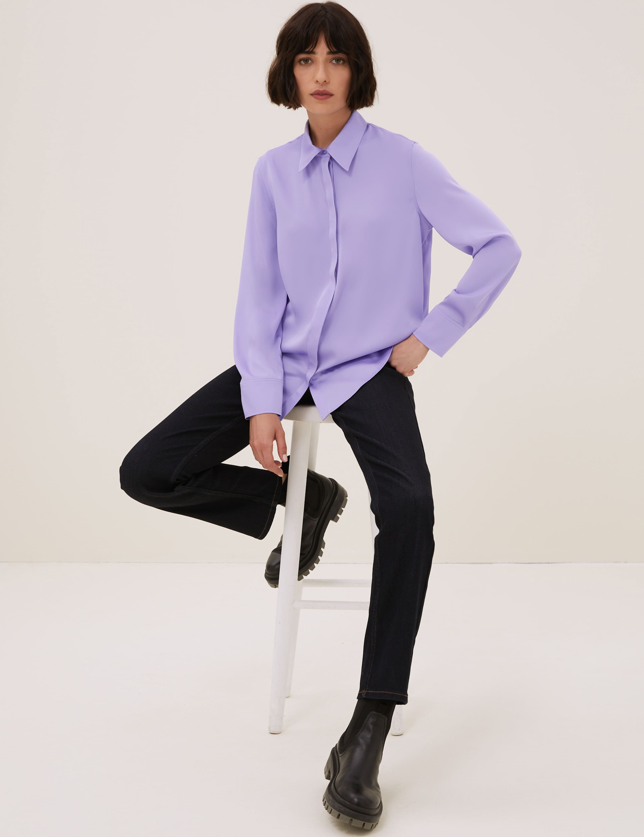 Satin Collared Long Sleeve Shirt