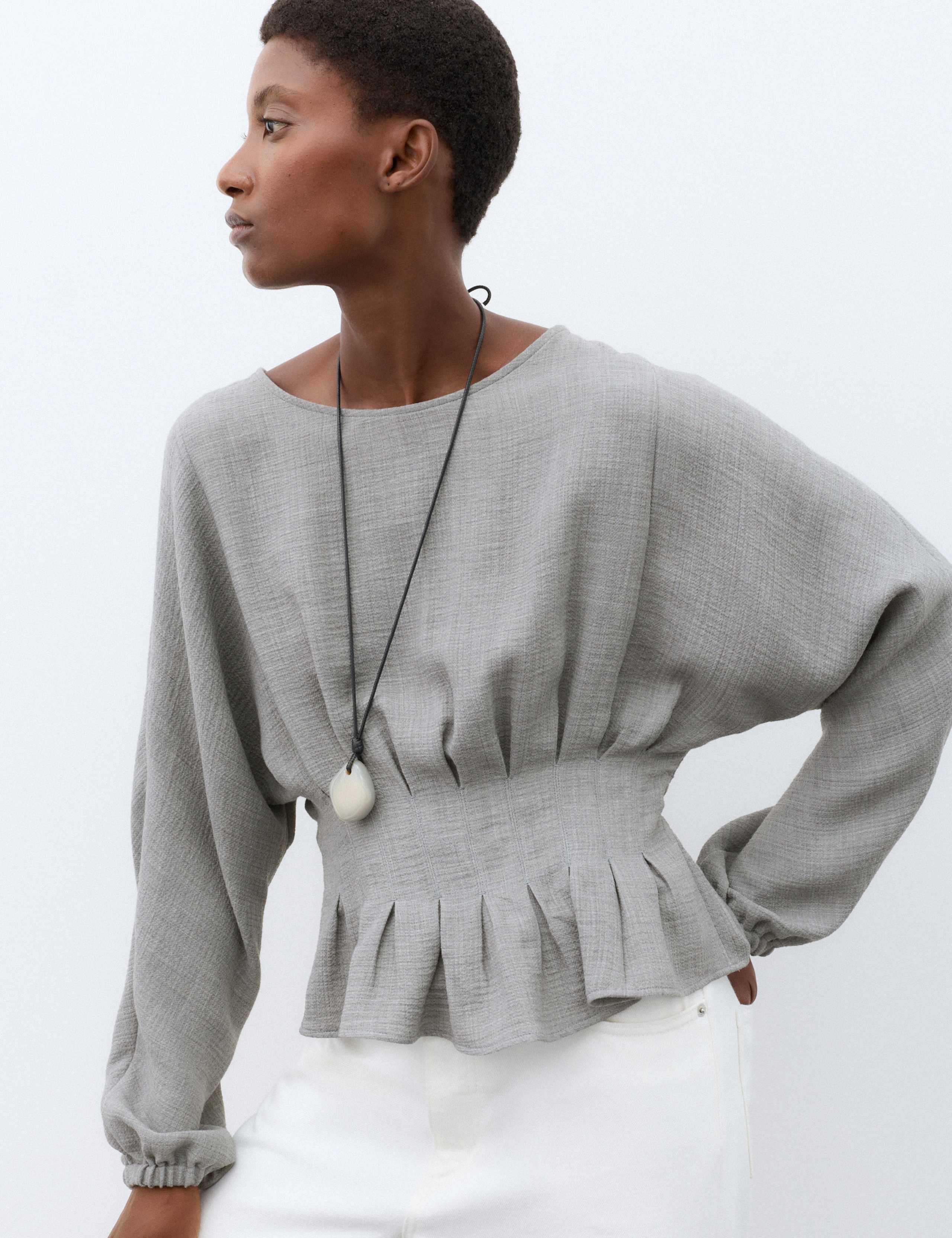 Textured Pleat Detail Blouson Sleeve Blouse