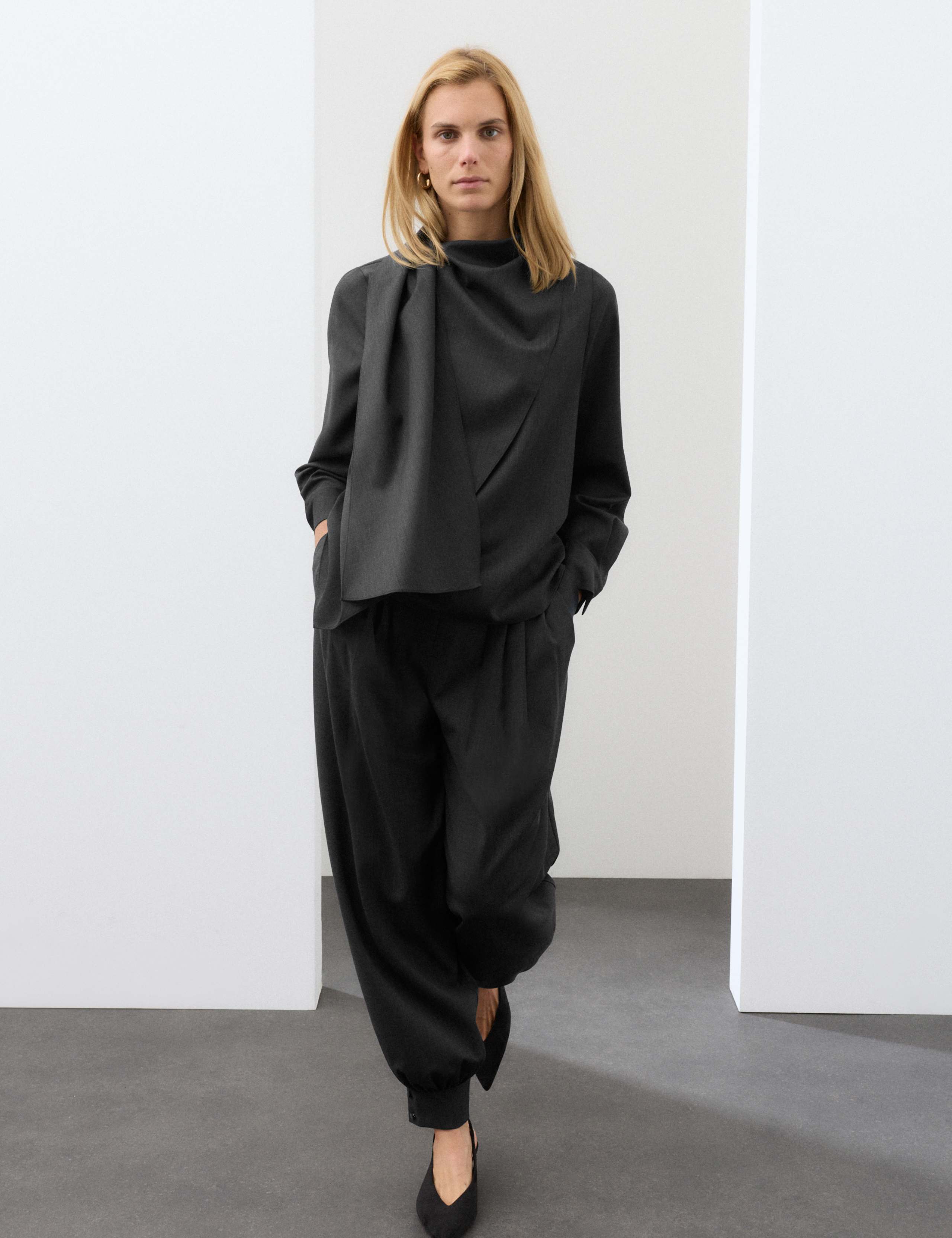 Wool Blend Draped Scarf Neck Blouse