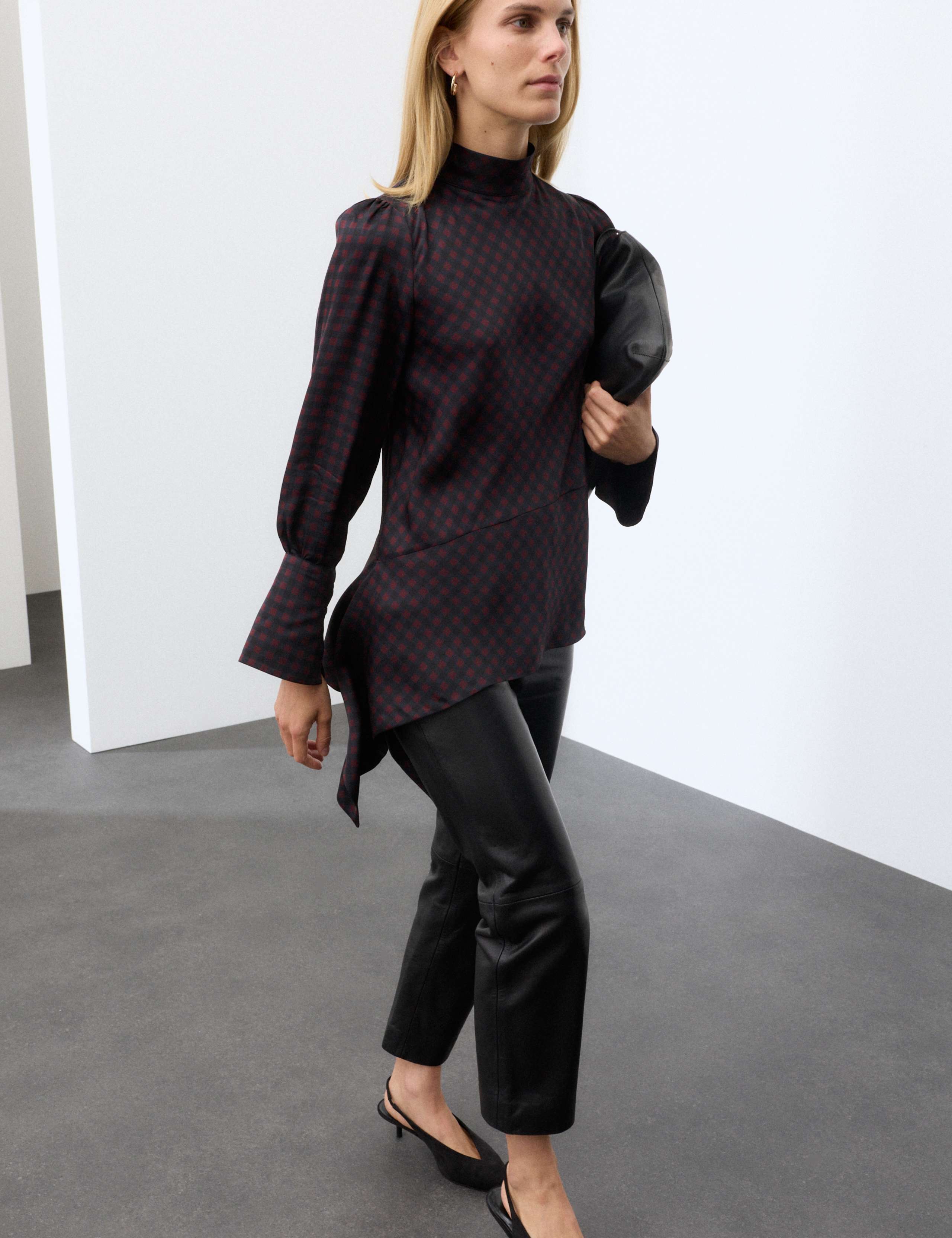 Satin Checked Tie Neck Asymmetric Blouse