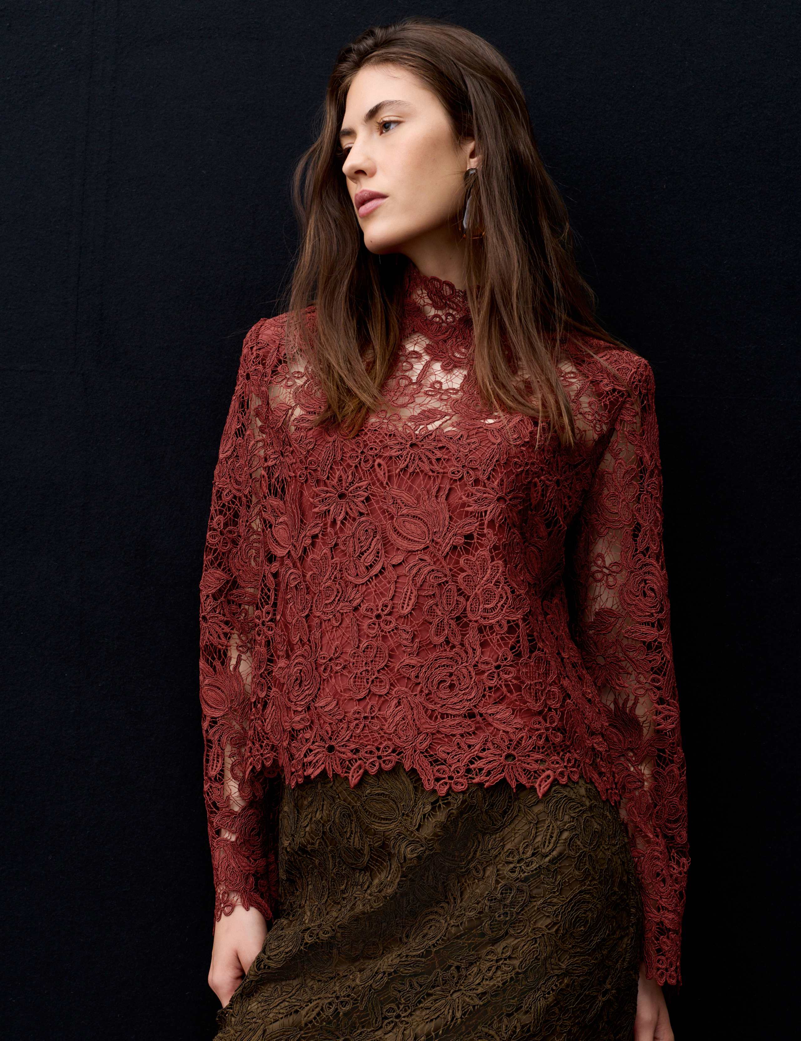 Lace High Neck Padded Shoulder Top